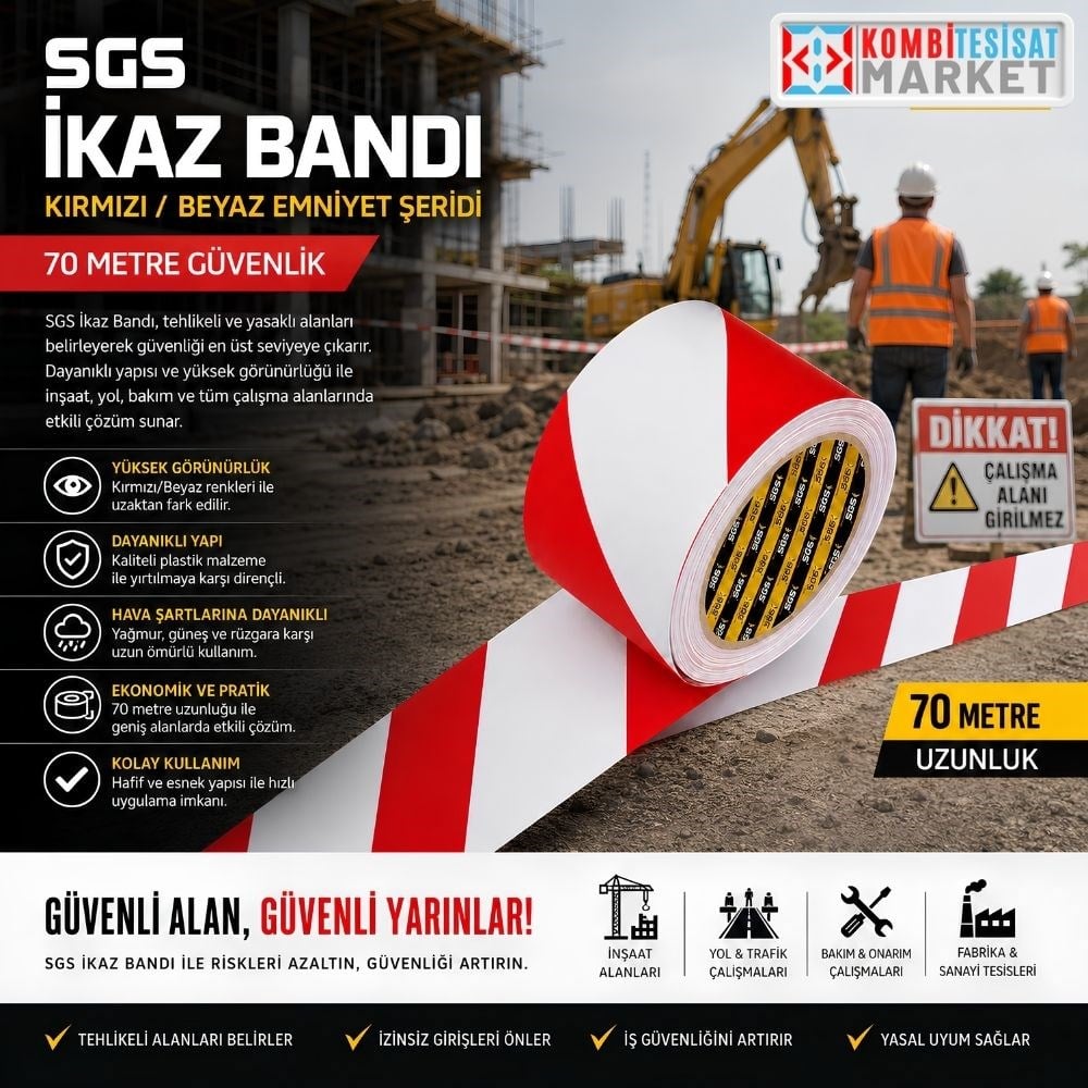 SGS İkaz Bandı 70 Metre Kırmızı Beyaz Emniyet Şeridi 58 mm