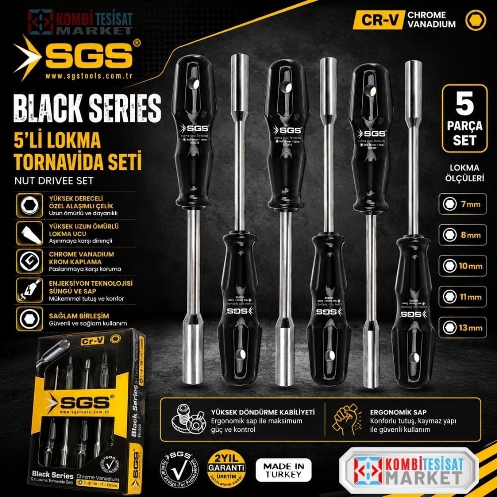 SGS 5 Parça Lokma Uçlu Tornavida Seti Black Series - 7-13 mm Cr-V