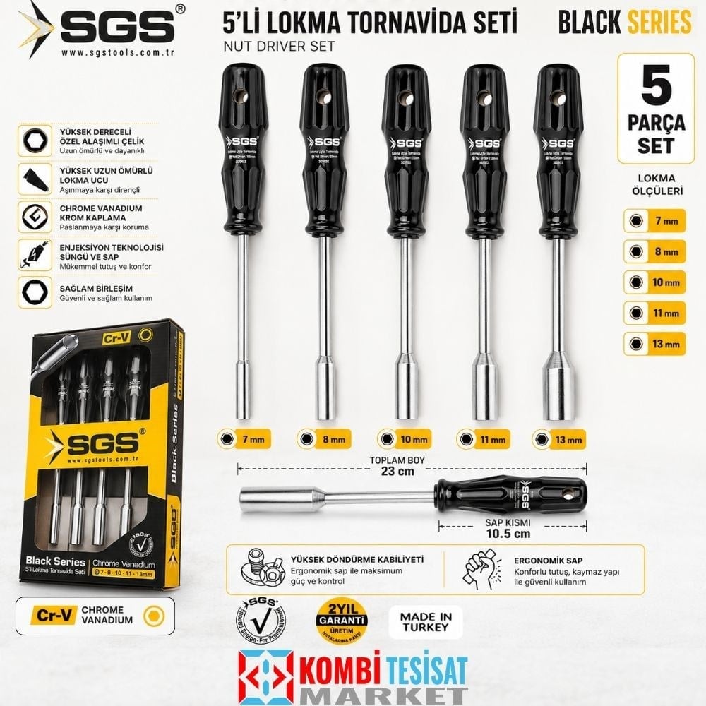 SGS 5 Parça Lokma Uçlu Tornavida Seti Black Series - 7-13 mm Cr-V