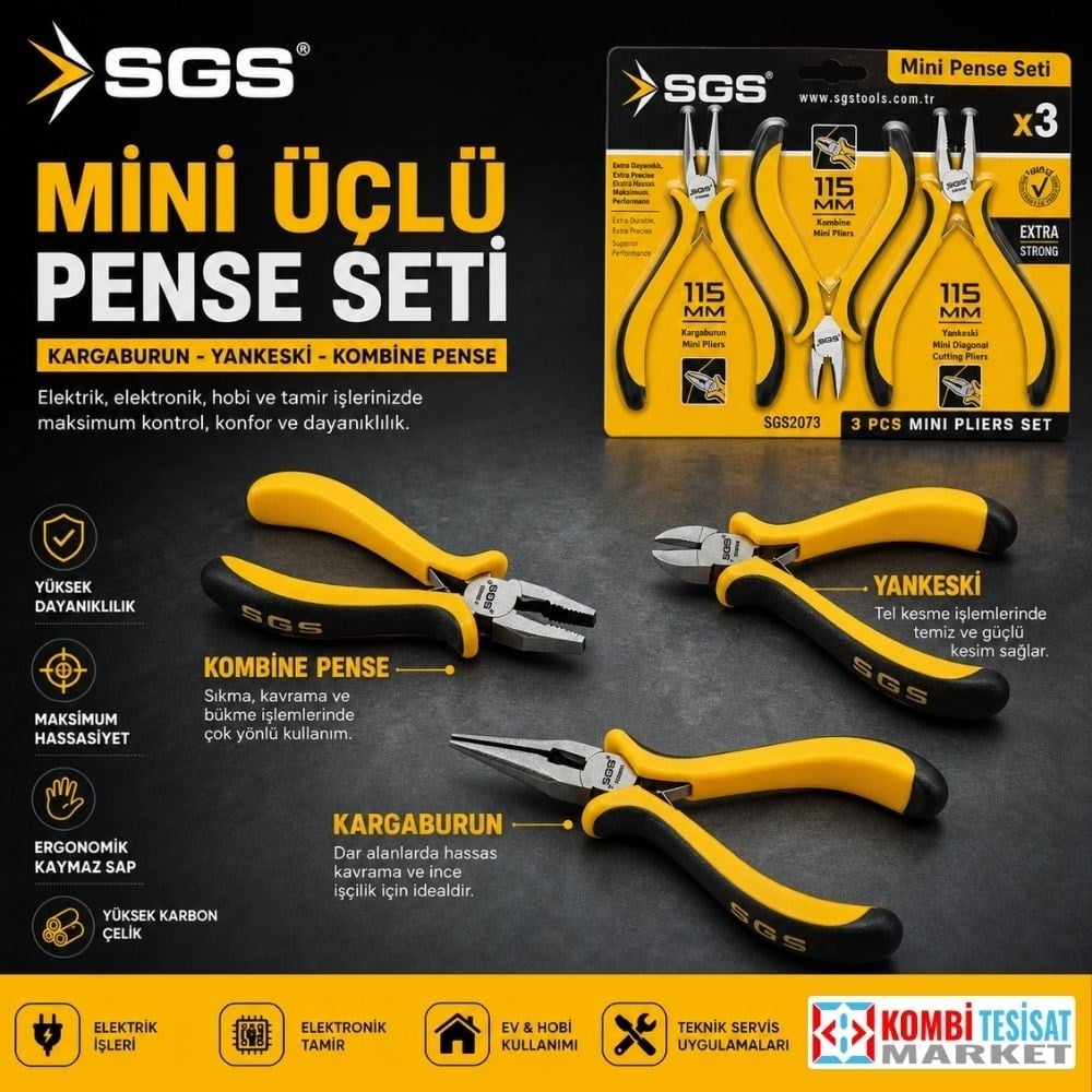 SGS2073 Mini Pense Seti 3'lü - 115mm Kargaburun Yankeski Kombine Pense Takımı