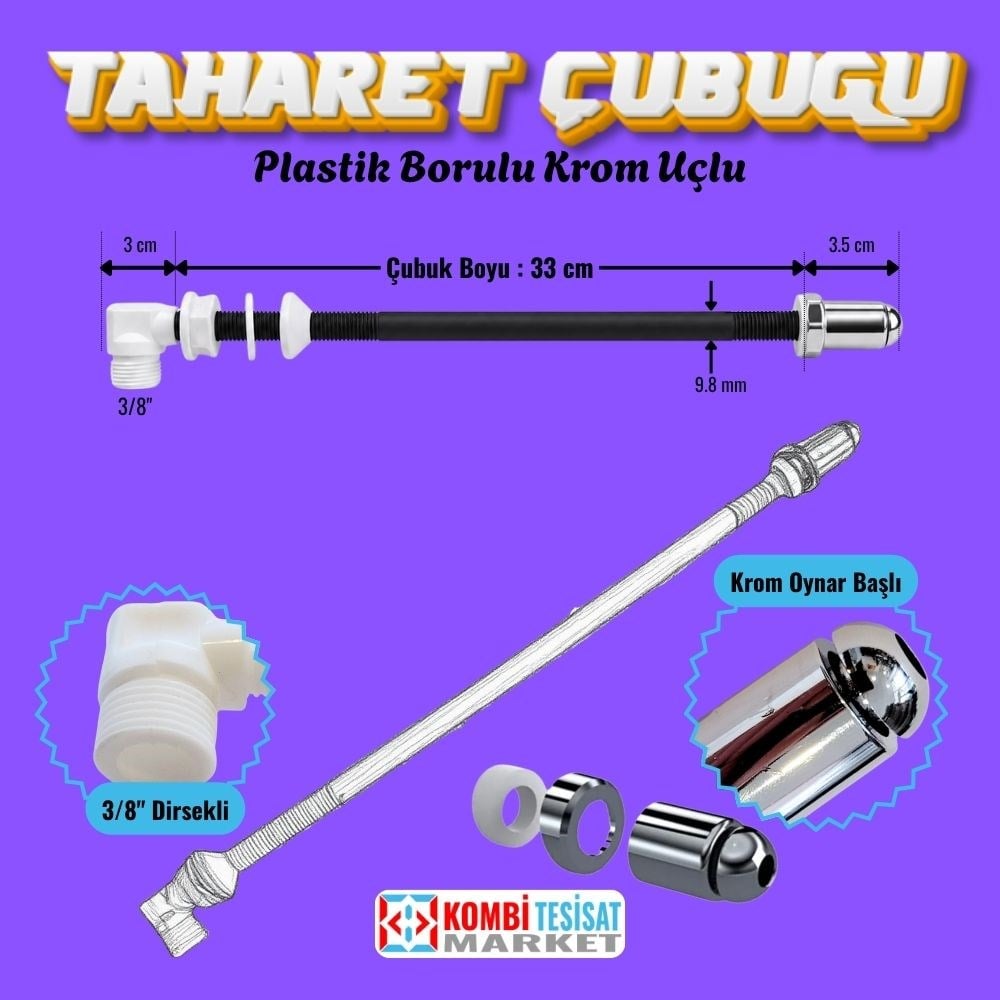33 cm Taharet Çubuğu - Siyah Plastik Borulu ve Krom Oynar Başlıklı Klozet Çubuğu (3/8 İnç)
