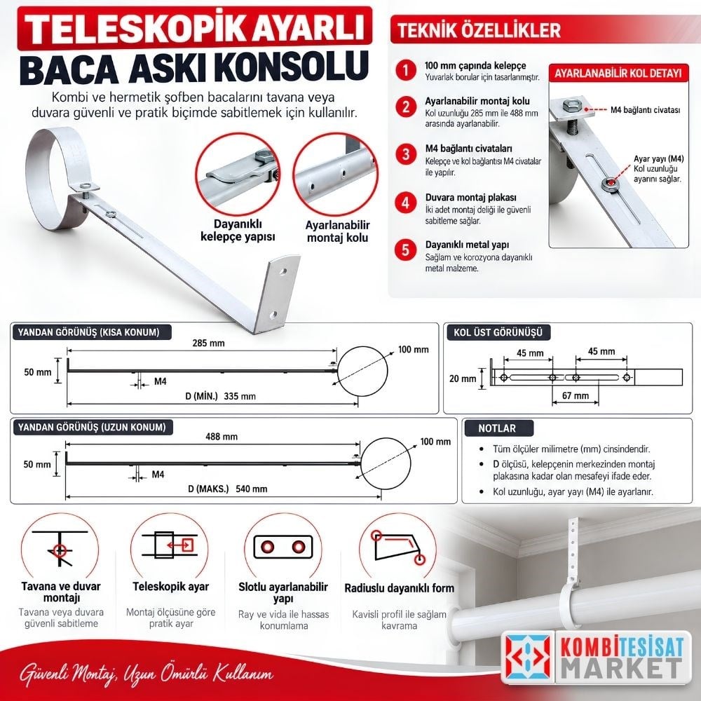Teleskopik Ayarlı Kombi Baca Askı Kelepçesi ve Konsolu (100 mm)