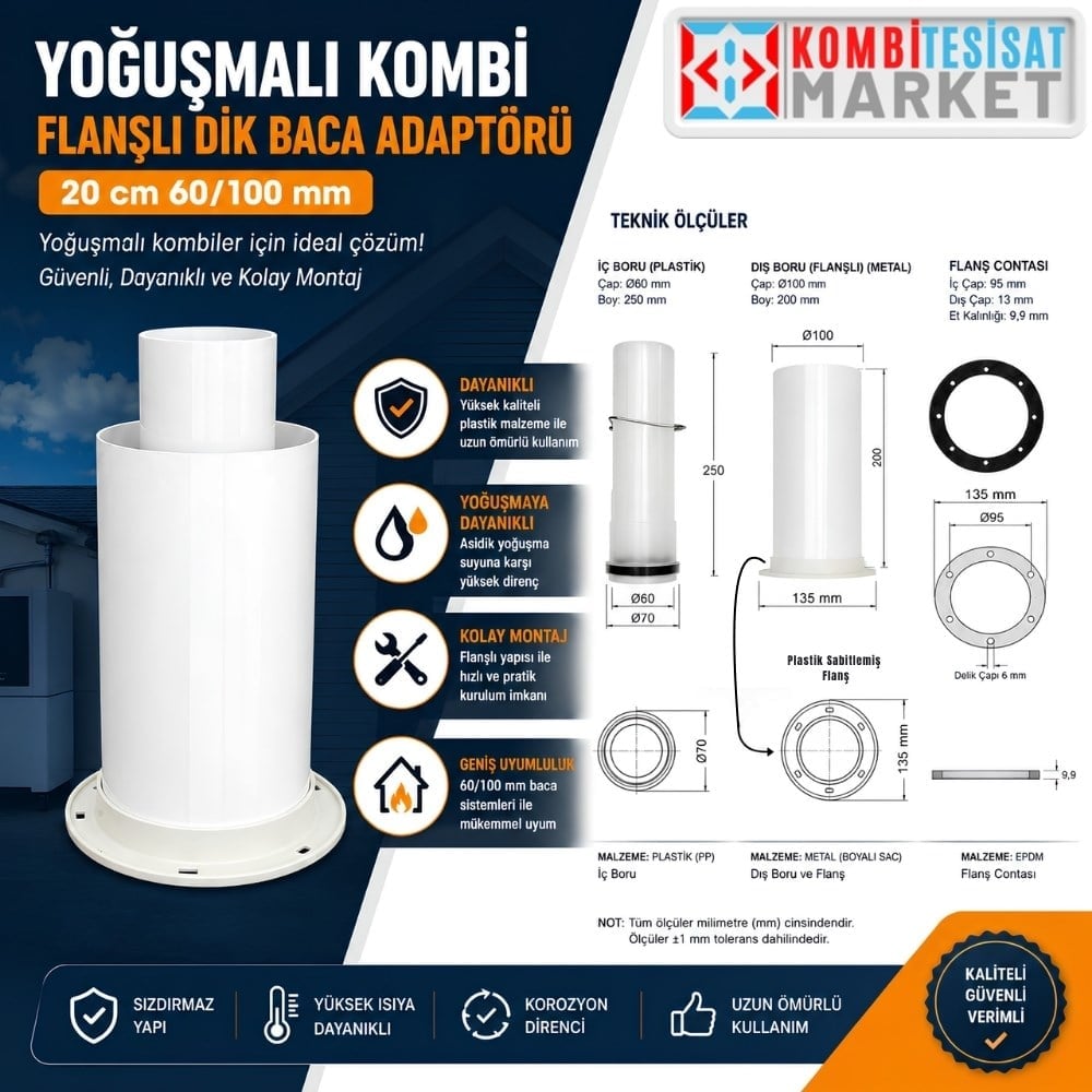 Yoğuşmalı Kombi 60/100 mm Flanşlı Dikey Baca Adaptörü Başlangıç Parçası 20 cm