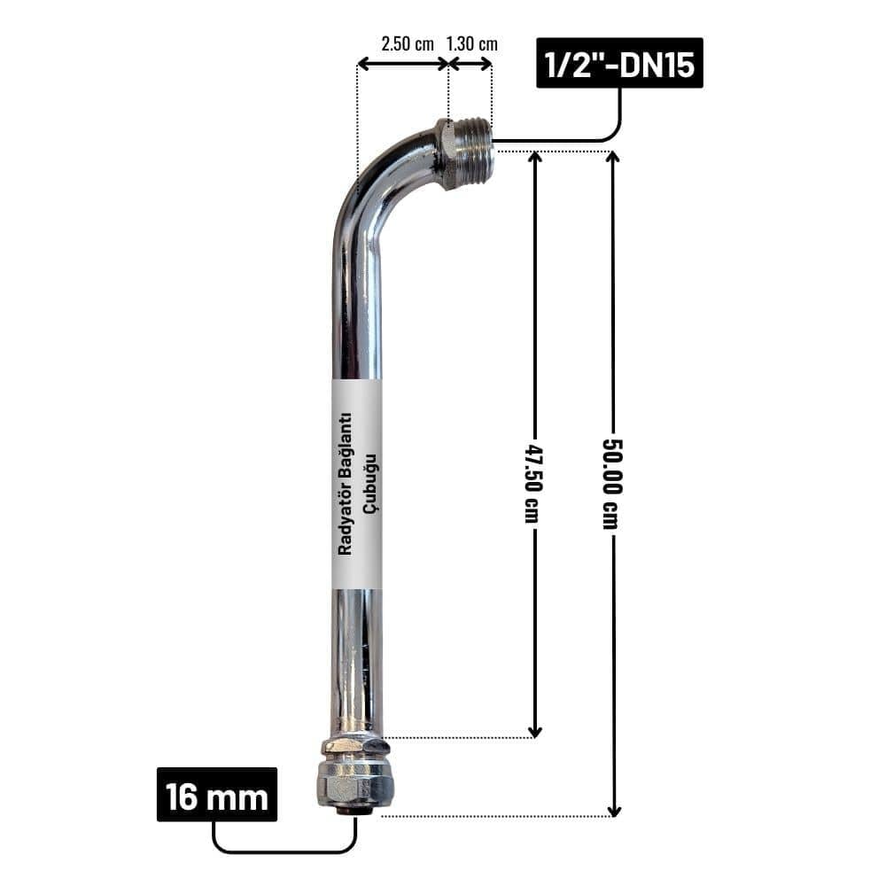 50 cm Dirsekli Pex Radyatör Bağlantı Borusu-Krom Uzatma Çubuğu