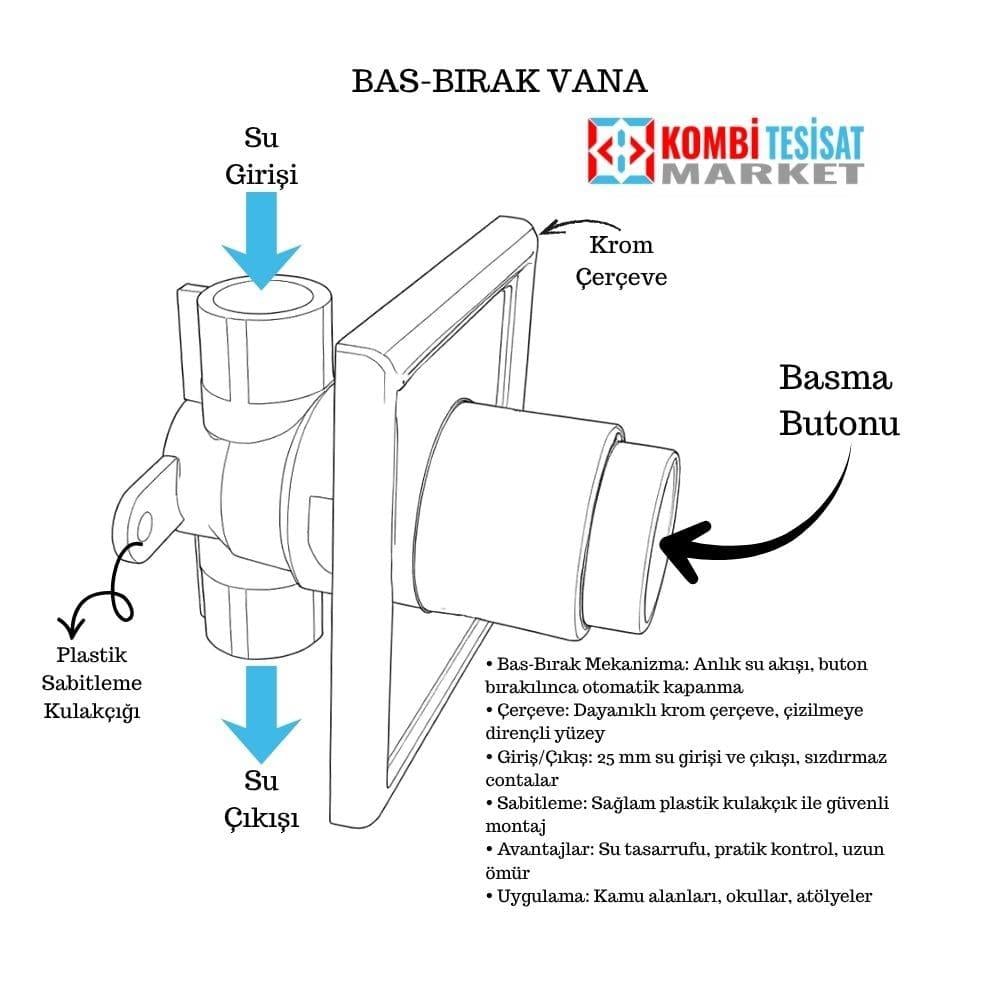Ankastre 25 mm Bas Bırak Vana Krom Başlıklı Kare Rozetli