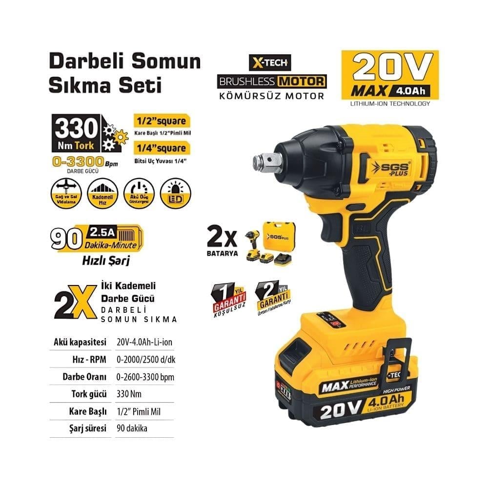 SGS Darbeli Somun Sıkma Seti 330 Nm Tork 20V 1/2” 2x4.0Ah (Kömürsüz Motor)