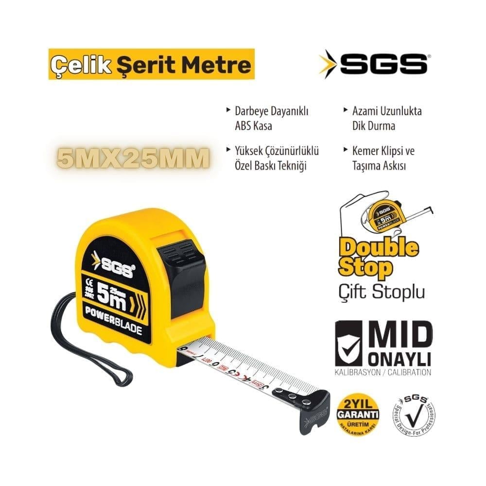 SGS Şerit Metre 5x25 mm Çift Stoplu
