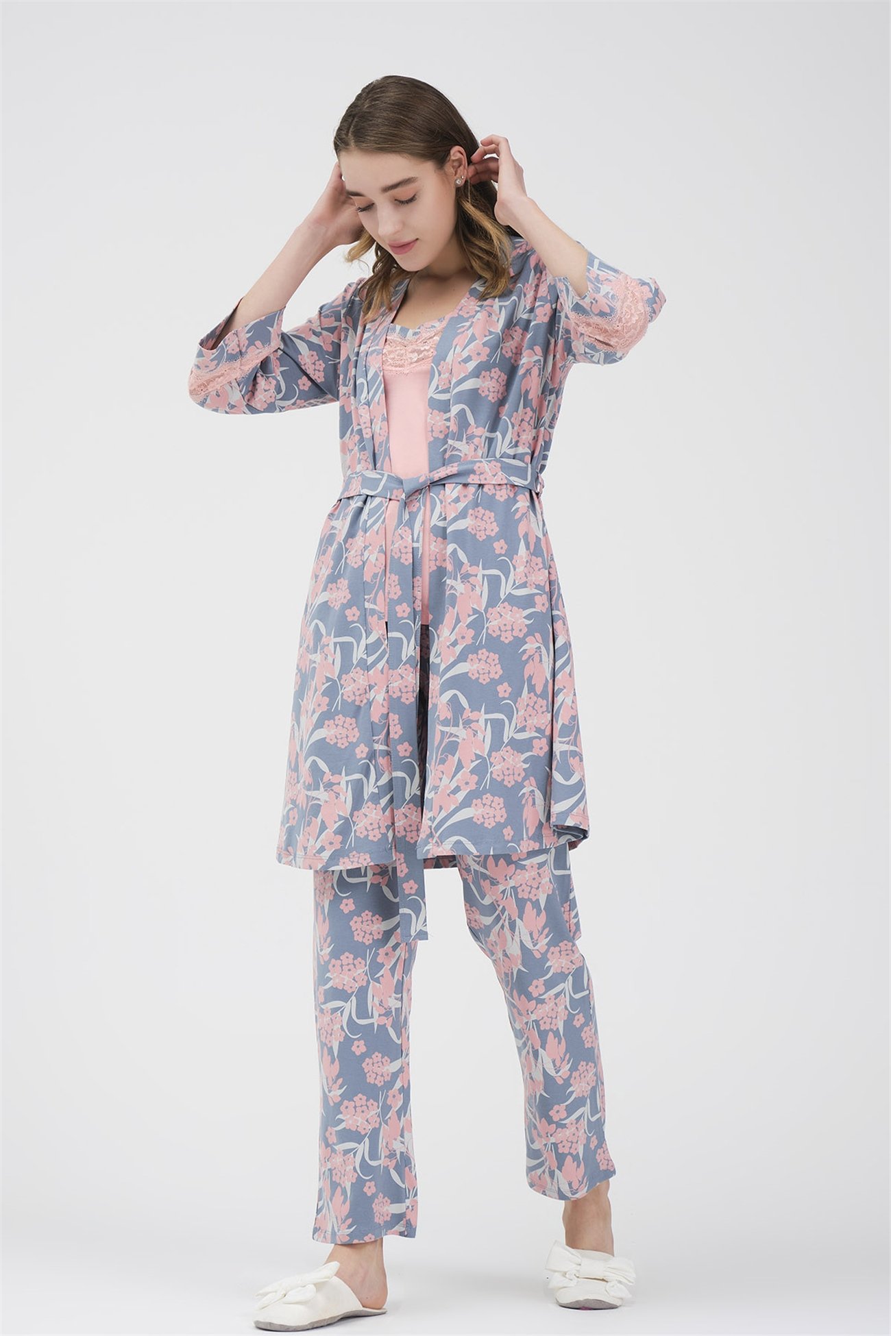 Baykar Kadın Çiçekli Üçlü Pijama Takımı 9440 Mavi - Baykaronline