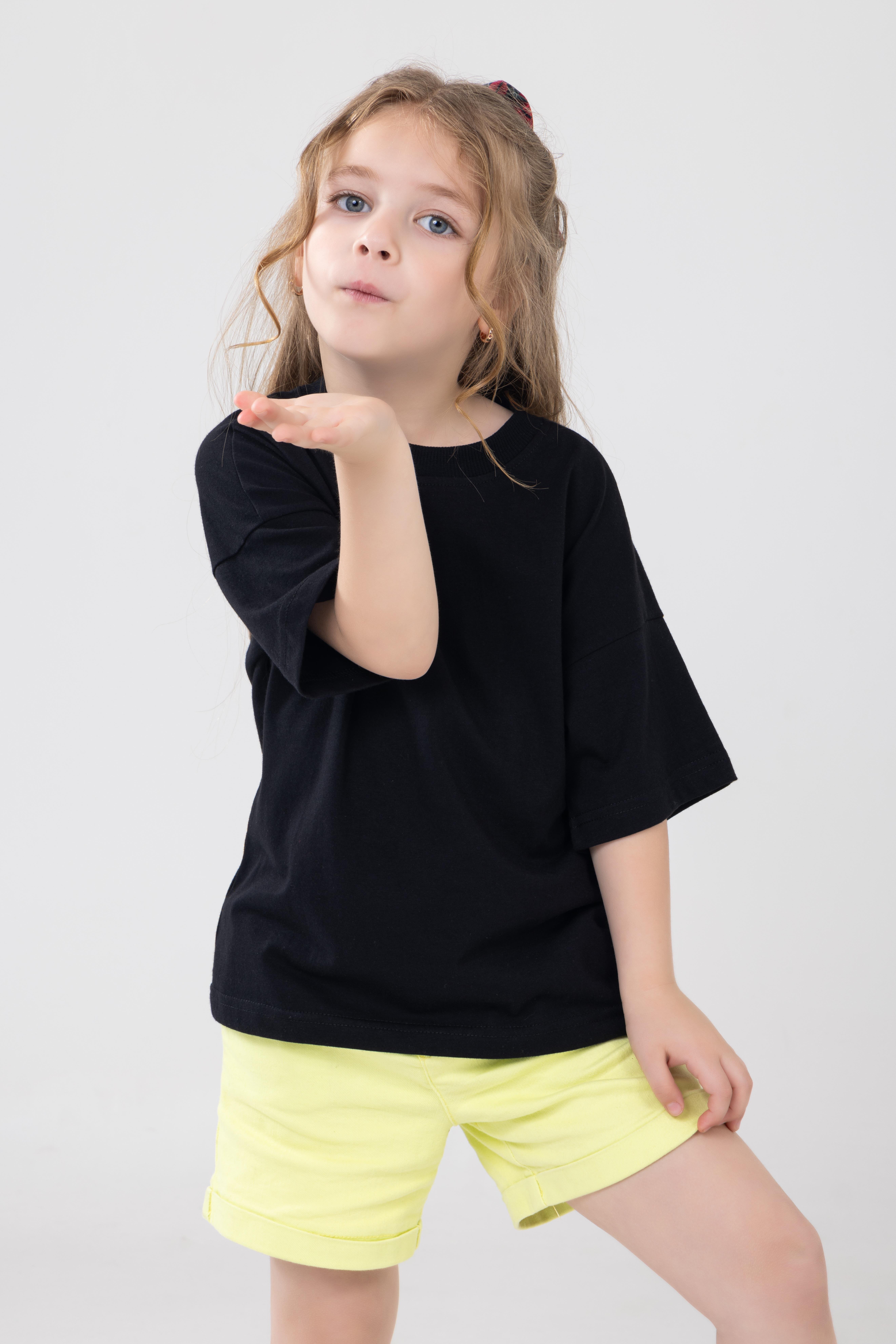 Unisex Çocuk Bisiklet Yaka Kısa Kol %100 Pamuk Oversize Tişört Siyah