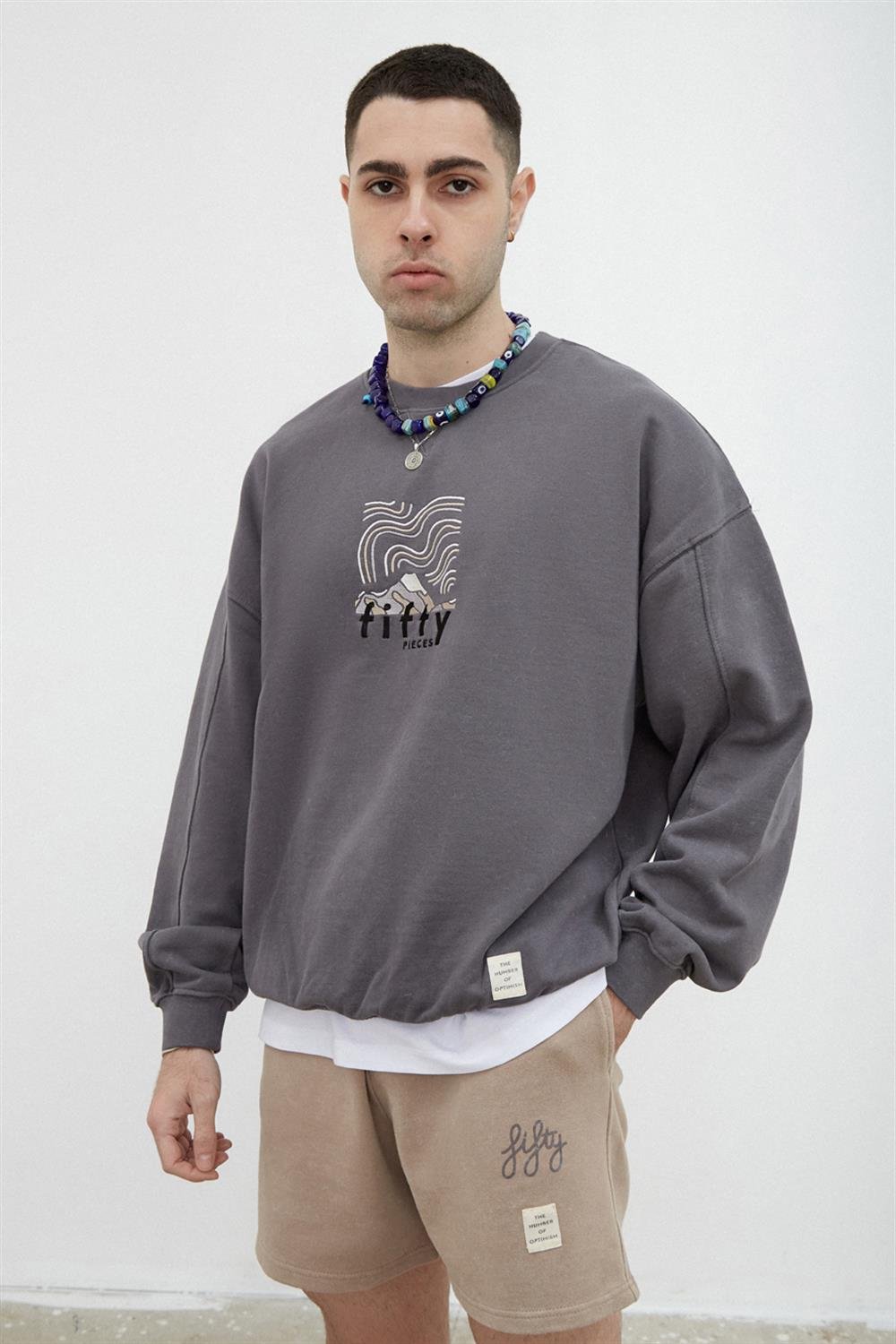 Erkek Antrasit Oversize Yıkamalı Sweatshirt - Fifty Pieces