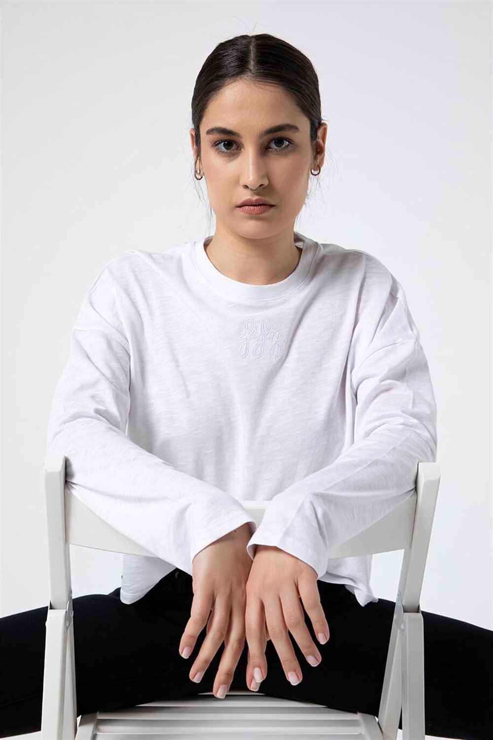 Kadın Beyaz Oversize Uzun Kollu T-Shirt - Fifty Pieces