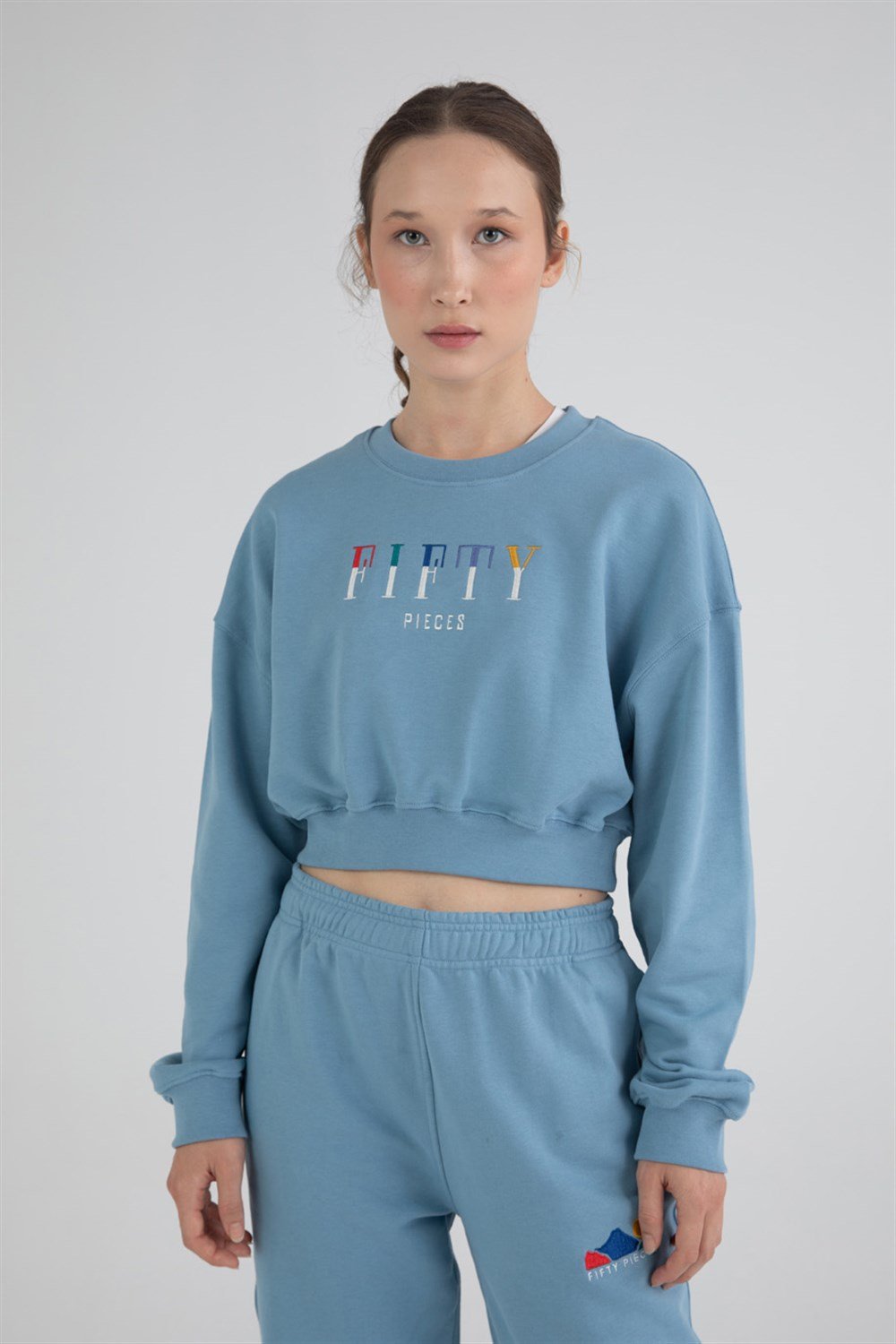 Kadın Mavi Crop Sweatshirt - Fifty Pieces