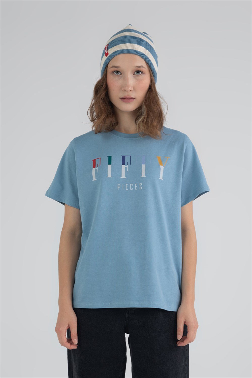 Kadın Mavi Loose Fit T-Shirt - Fifty Pieces