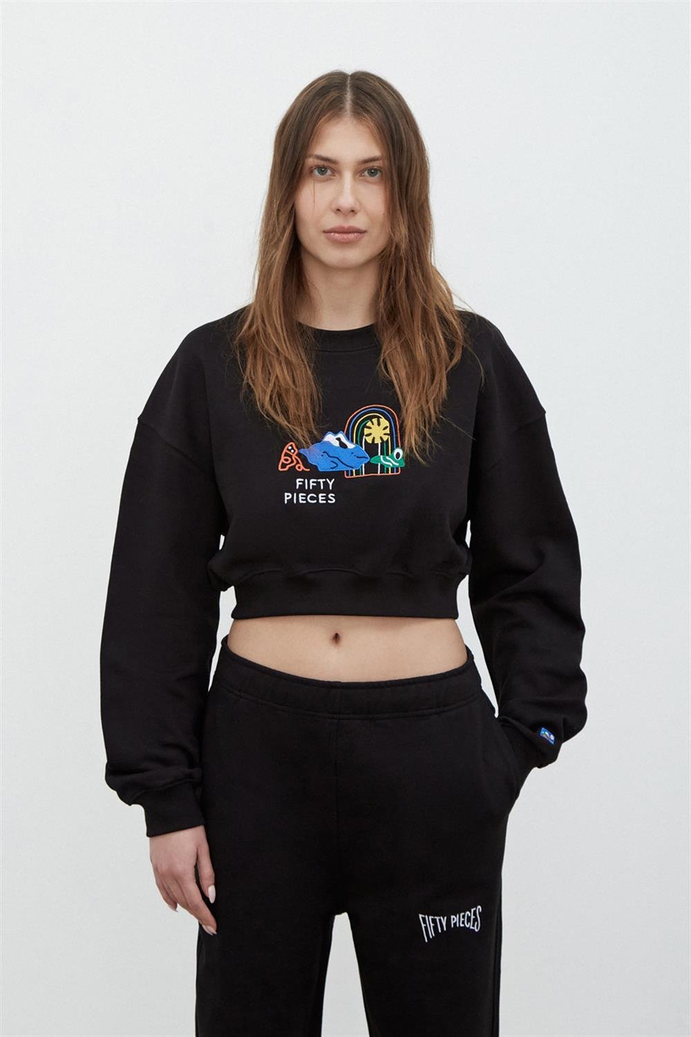 Kadın Siyah Oversize Crop Sweatshirt - Fifty Pieces
