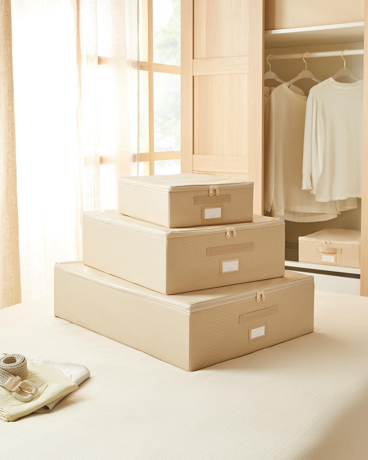 LBUILD　３体セット 3'lü Bej Balıksırtı Destekli Hurç Set 31 x 38 x 12 + 45 x 55