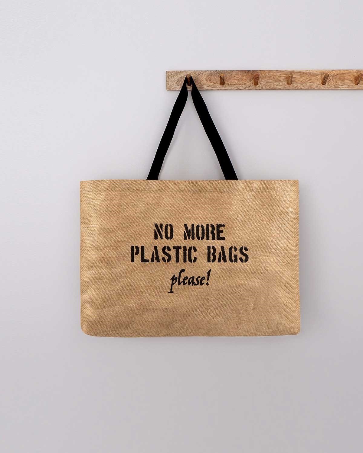 No More Plastic Bags Baskılı Jüt Plaj Çantası 50x40x8 - Ocean Home Textile