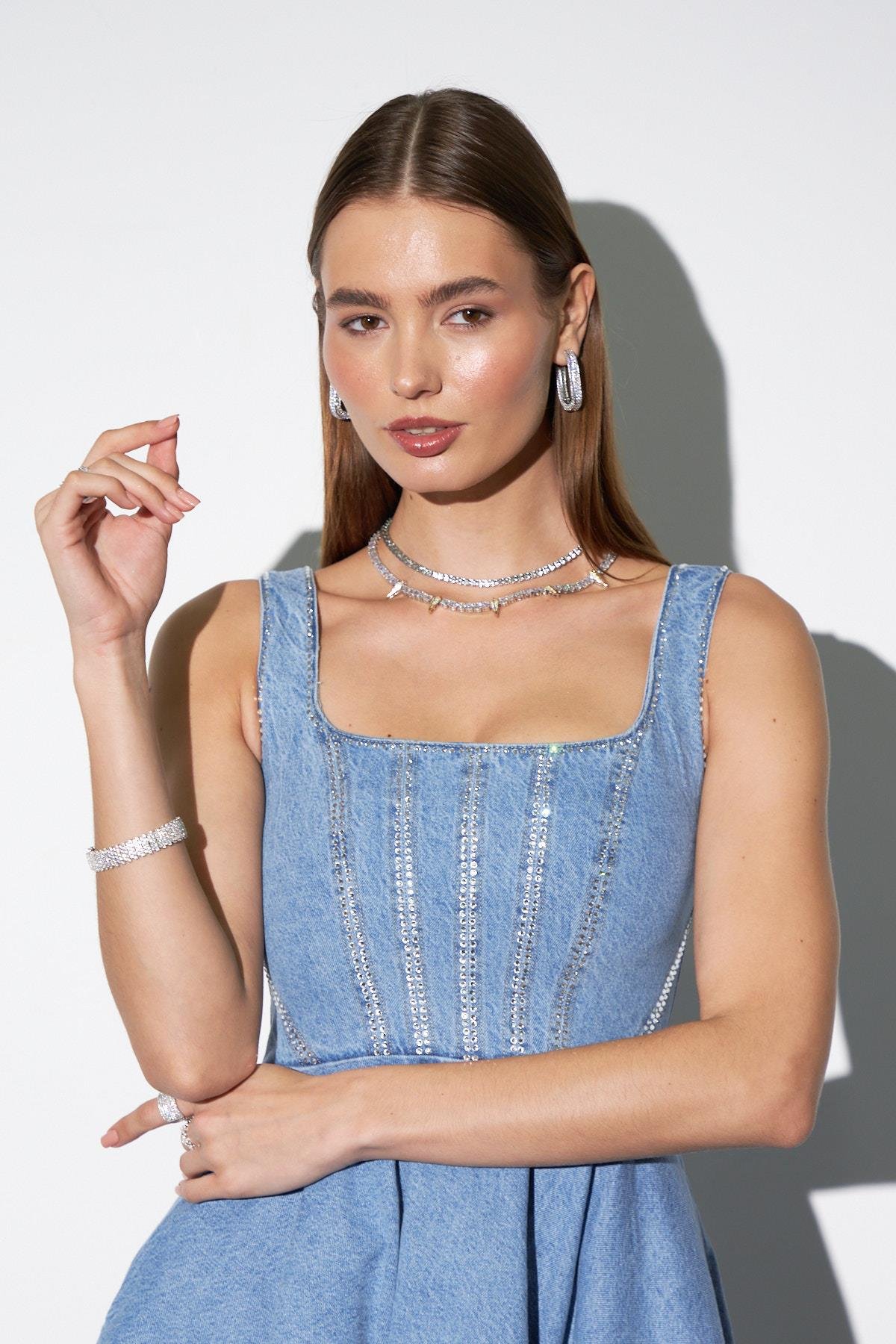 Crystal Charm Mini Denim Elbise Açık Mavi