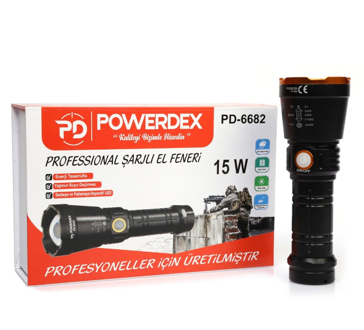 Powerdex PD-6682 Profesyonel 15 w Zoomlu Şarjlı Güçlü El Feneri