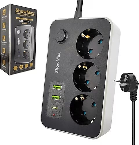 Showmax SH-4626 3'lü Priz | Termal Akım Korumalı | 2 USB, 1 Type-C