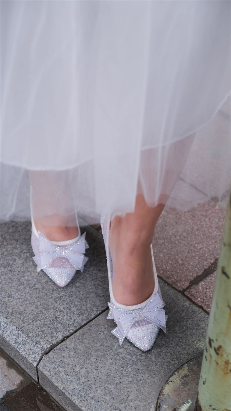 Beyaz Kadın Taşlı Tül Fiyonk Detaylı Stiletto Gelin Ayakkabısı