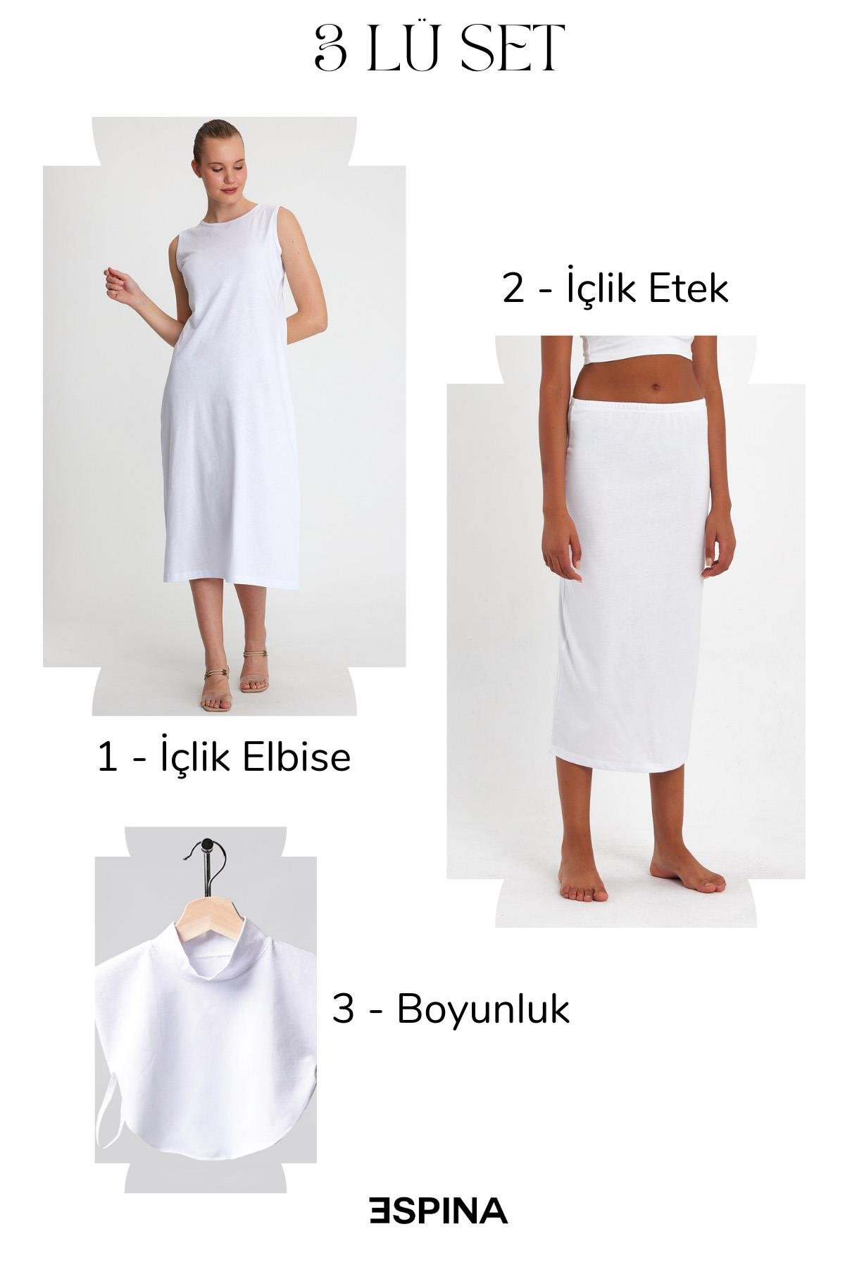 Kadın Tesettür Giyim 3'lü İçlik Set || Beyaz İçlik Elbise, İçlik Etek ve  Boyunluk