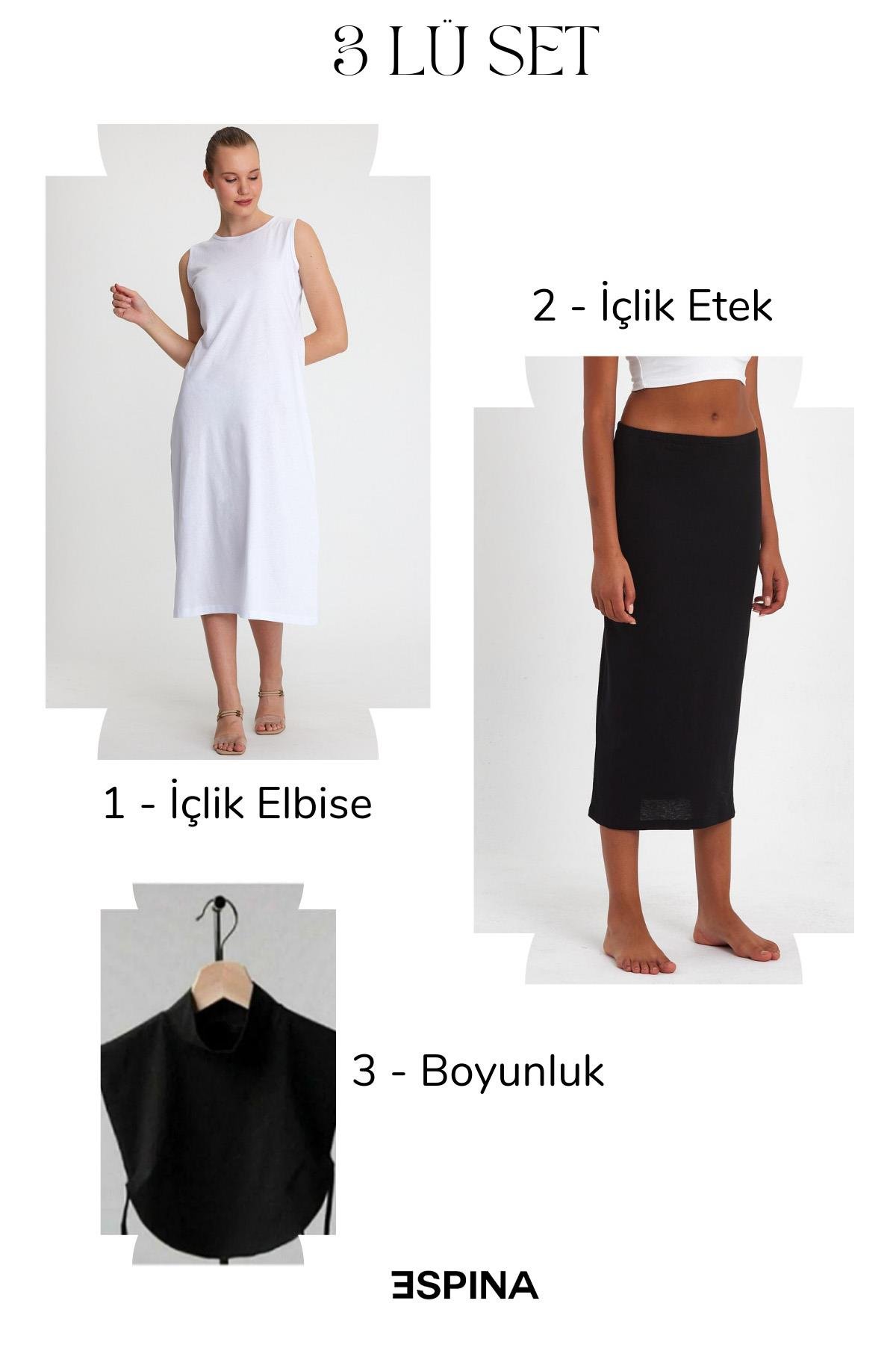 Kadın Tesettür Giyim 3'lü Set || İçlik Elbise, İçlik Etek ve Boyunluk -  Beyaz - Siyah - Siyah
