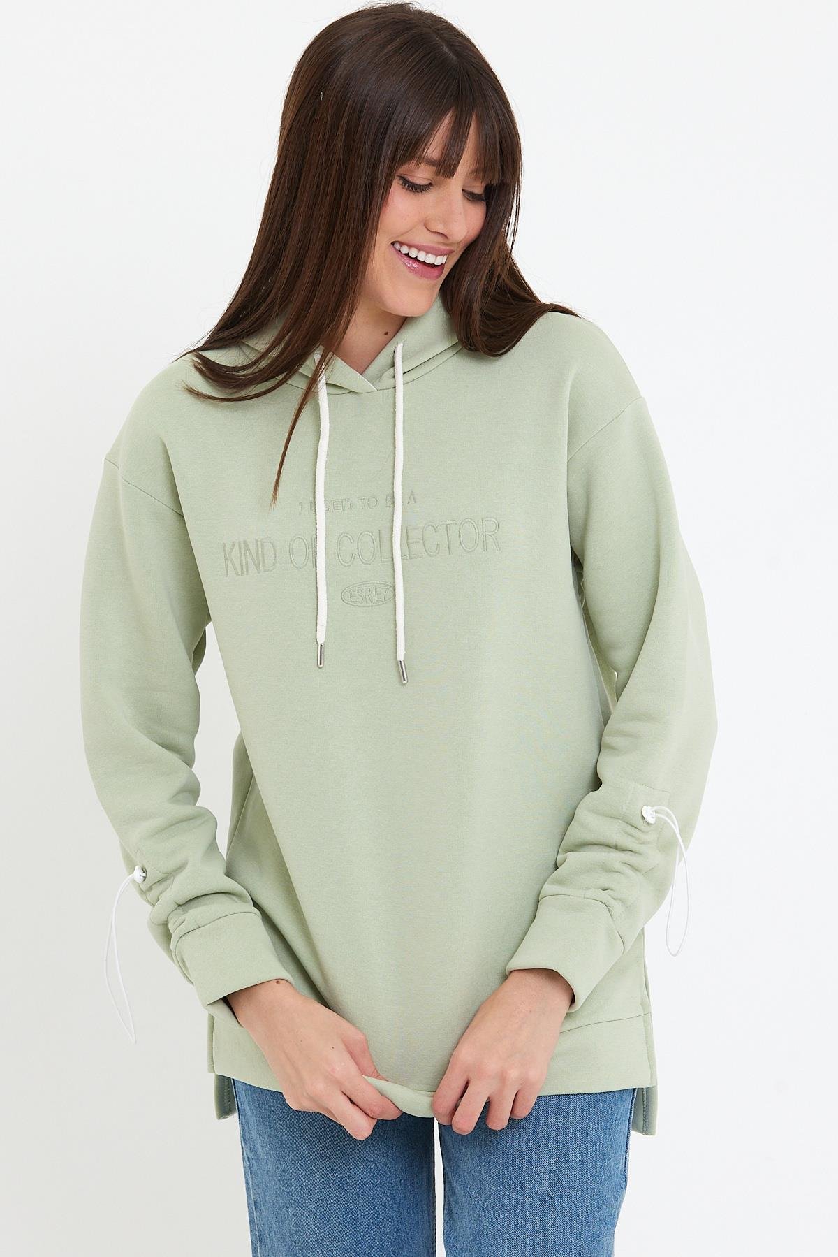 Kadın Kolu Ayarlanabilir Nakışlı 3 İplik Polarlı Uzun Sweatshirt - Mint  Yeşili