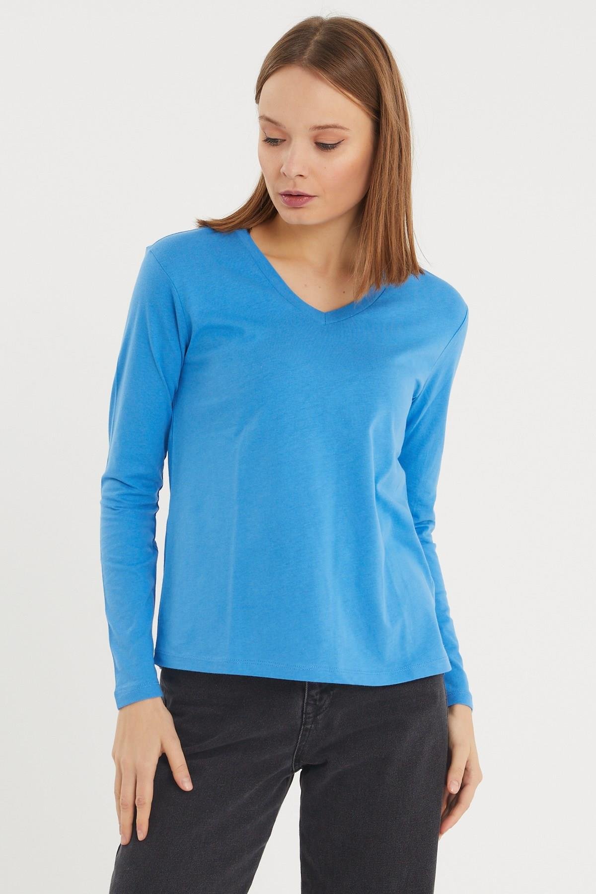 Kadın Uzun Kollu V Yaka Basic Pamuklu Örme Bluz - Mavi