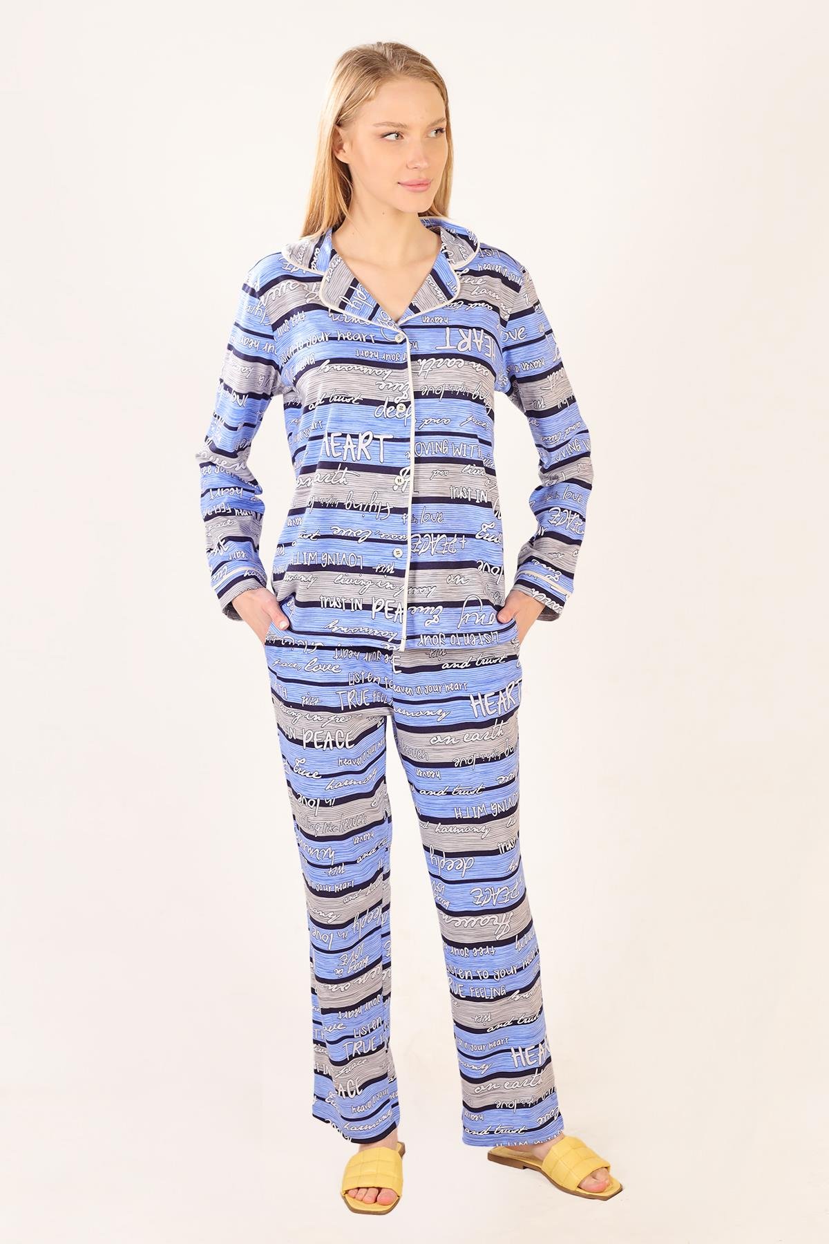 Desenli Pamuklu Örme Pijama Takımı - Siyah-Gri-Mavi Yazı Baskılı