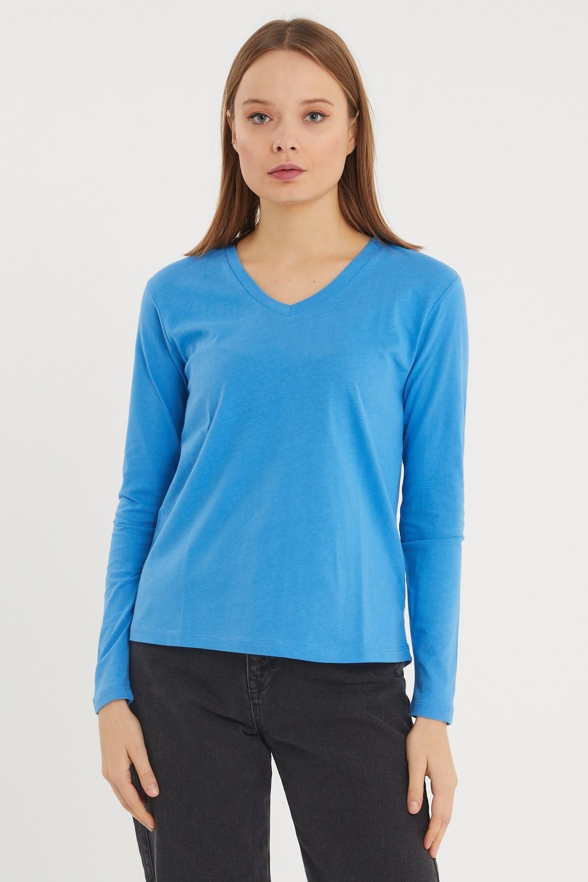 Kadın Uzun Kollu V Yaka Basic Pamuklu Örme Bluz - Mavi