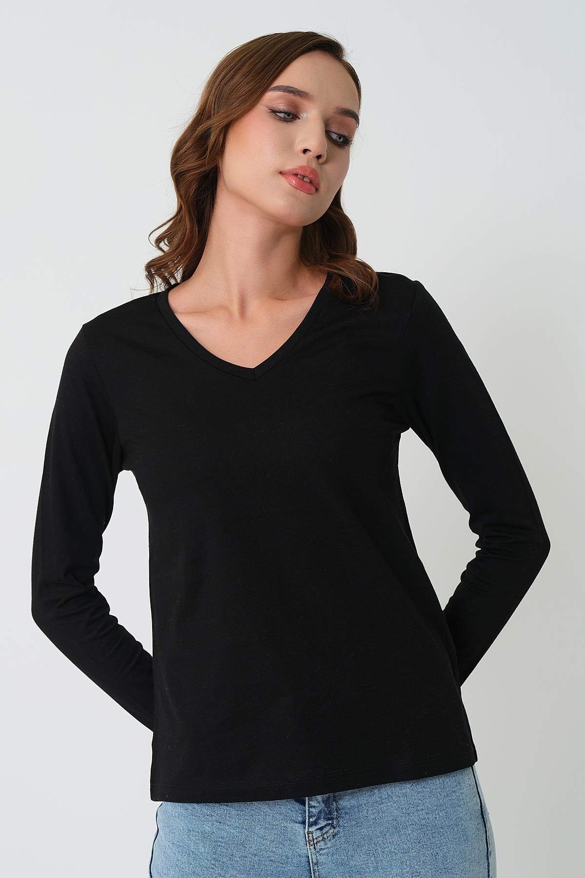 Kadın Uzun Kollu V Yaka Basic Pamuklu Örme Bluz - Siyah