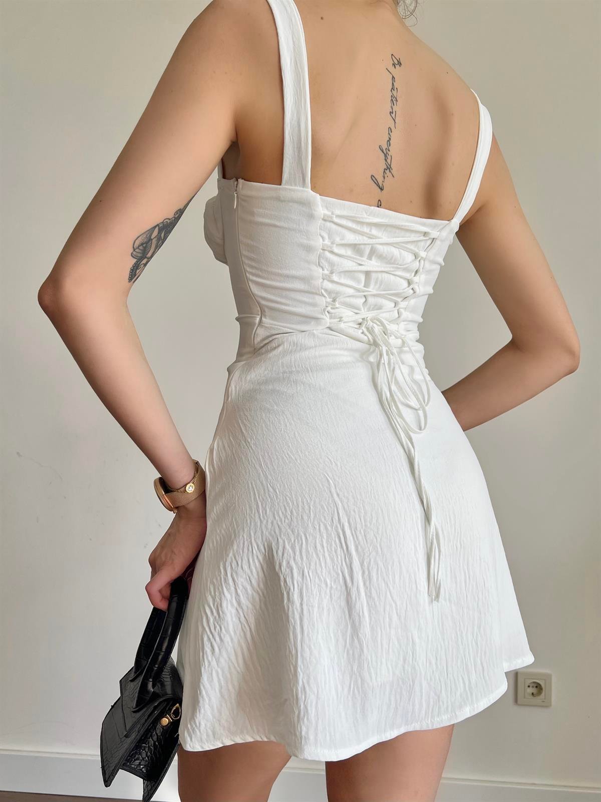 Beyaz Sırtı İpli Korse Görünümlü Elbise
