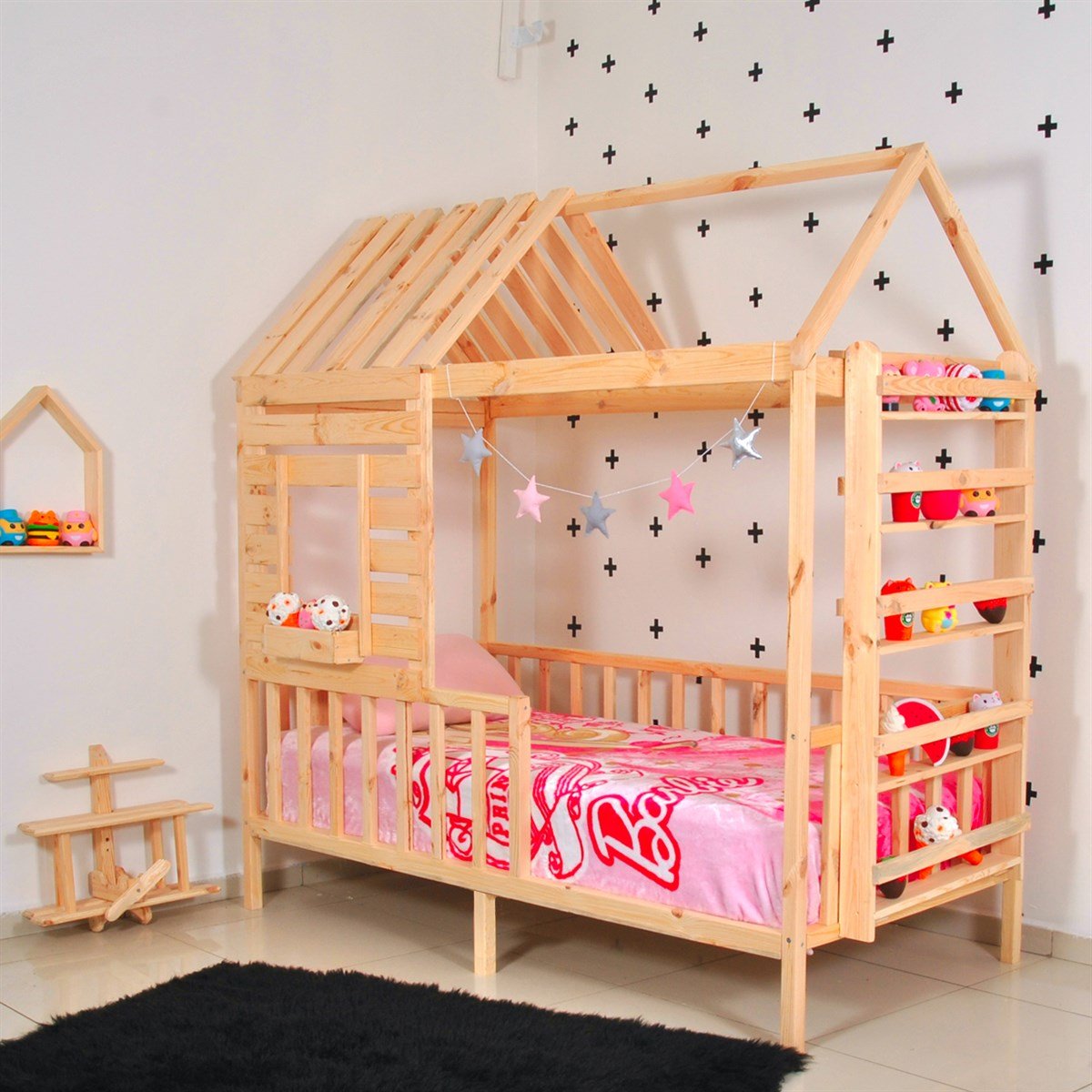Montessori Çocuk Yatak Çatılı Raflı Doğal Çam | Markaawm