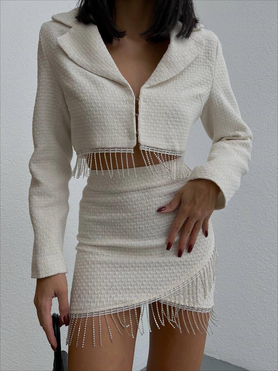 Kadın Chanel Kumaş Zincir Detay Tasarım Etek Ceket Takım Ekru | Ello