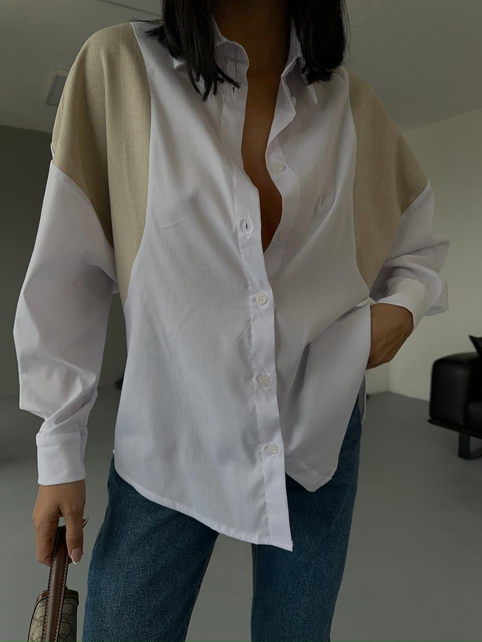 Kadın Çizgili Parça Detay Poplin Tasarım Gömlek Bej | Ello
