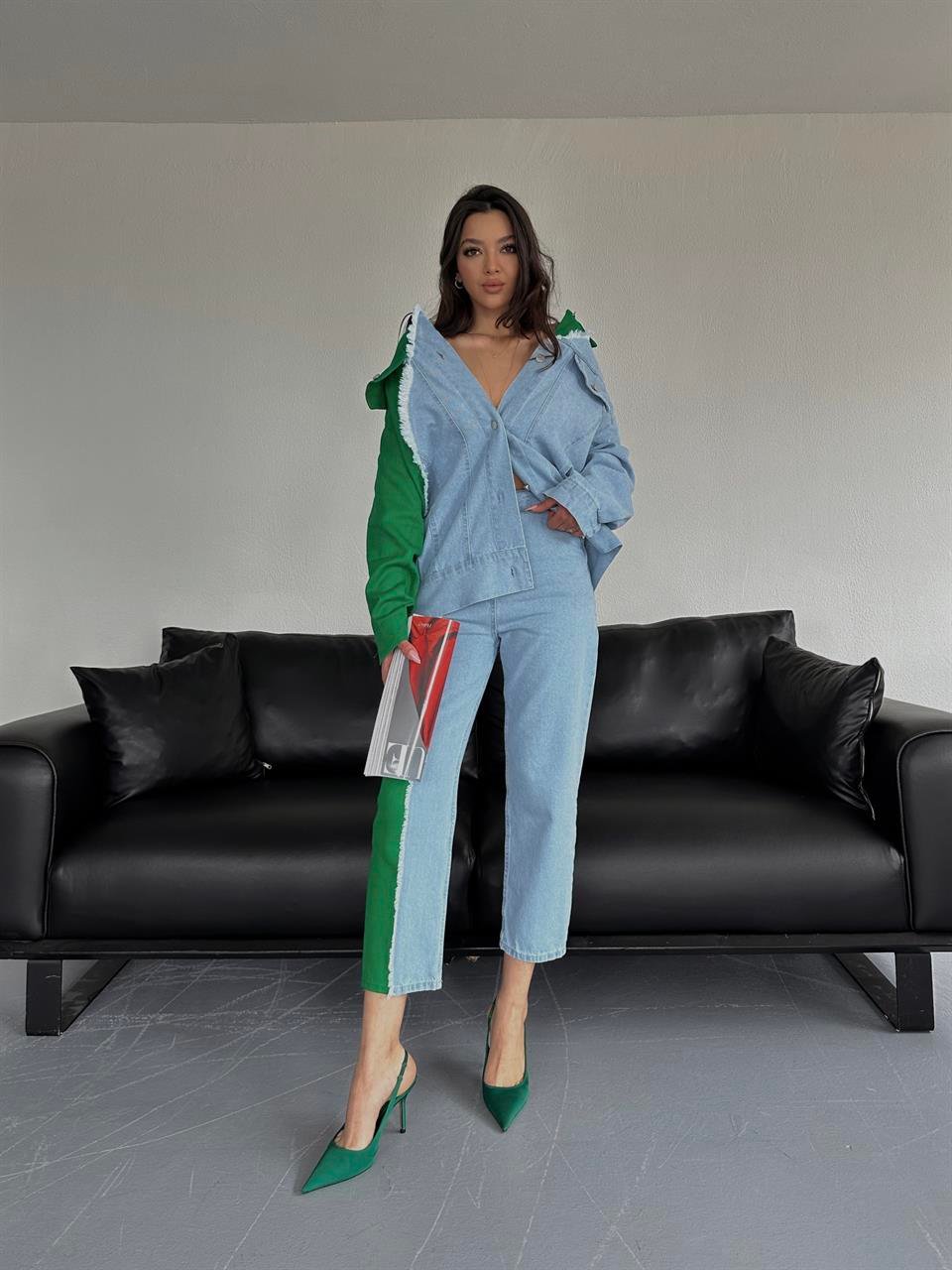 Kadın Özel Tasarım Kot Ceket Pantolon Takım Yeşil | Ello