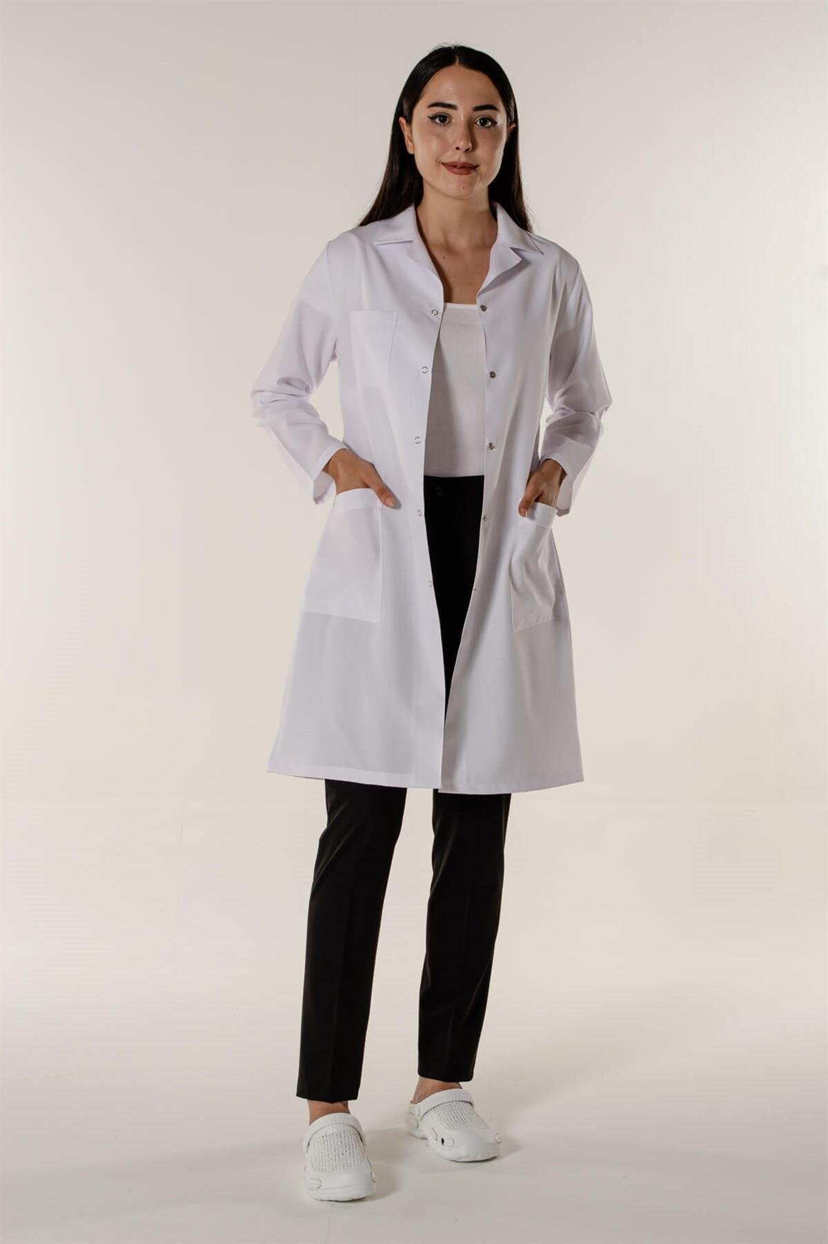 Beyaz Kadın Doktor Öğretmen Eczacı Hemşire Önlüğü Açık Yaka | Mert Giyim İş  Elbiseleri