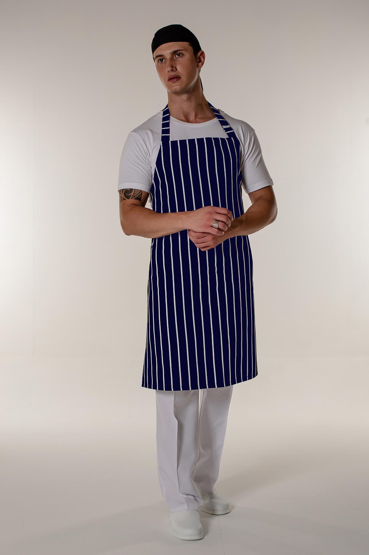 Beyaz-Lacivert Çizgili Aşçı ve Mutfak Şef Askılı Önlük | Mert Giyim İş  Elbiseleri