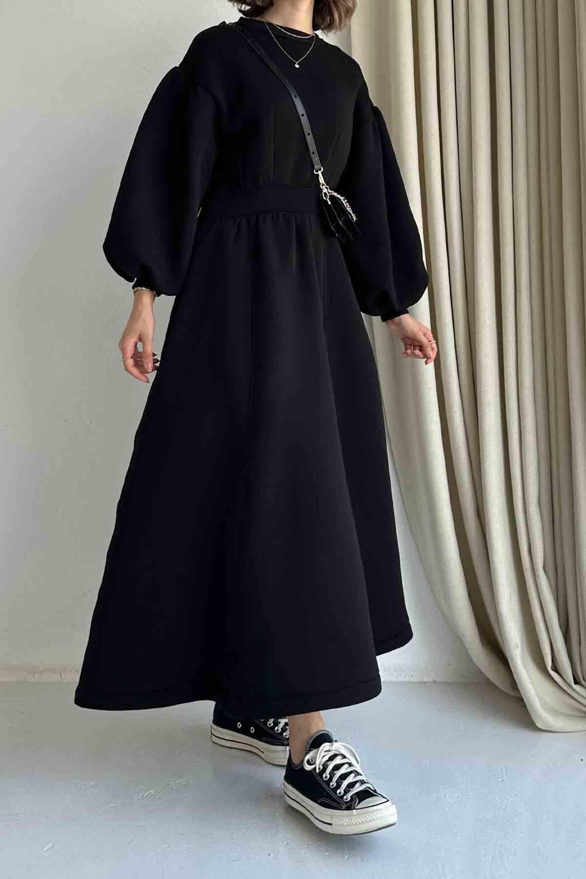Kadın Beli Şeritli Balon Kol Üç İplik Siyah Sweat Elbise