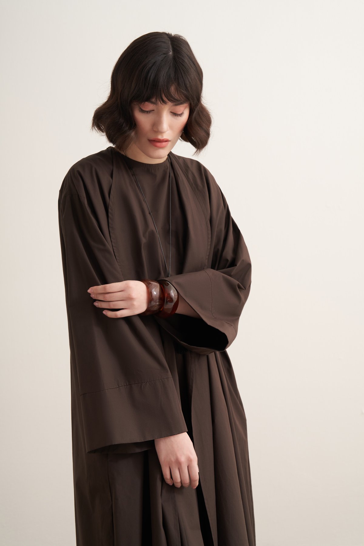 Inessa Premium Uzun Kimono Takımı - Acı Kahve | Moca Trend