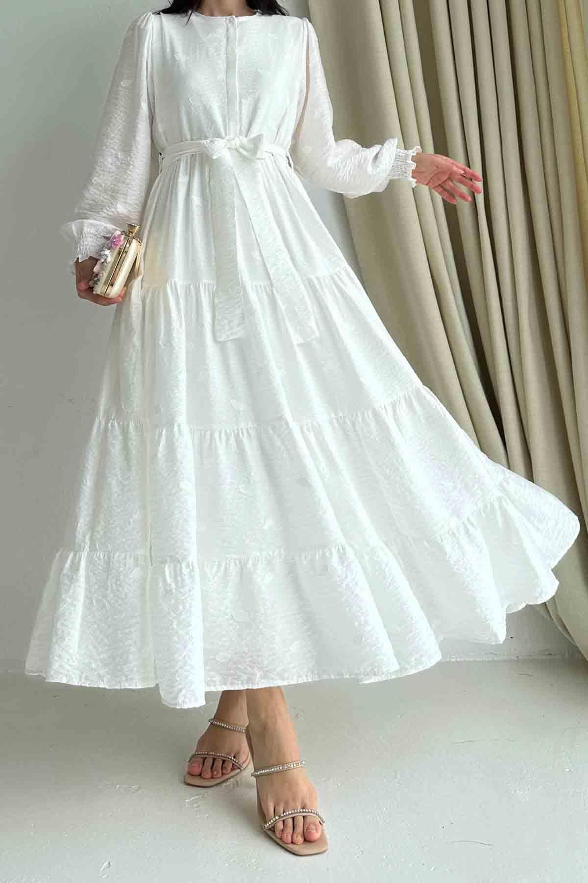 Önü Gizli Düğmeli Yarım Pat Yaprak Desen Beyaz Viskon Kadın Elbise