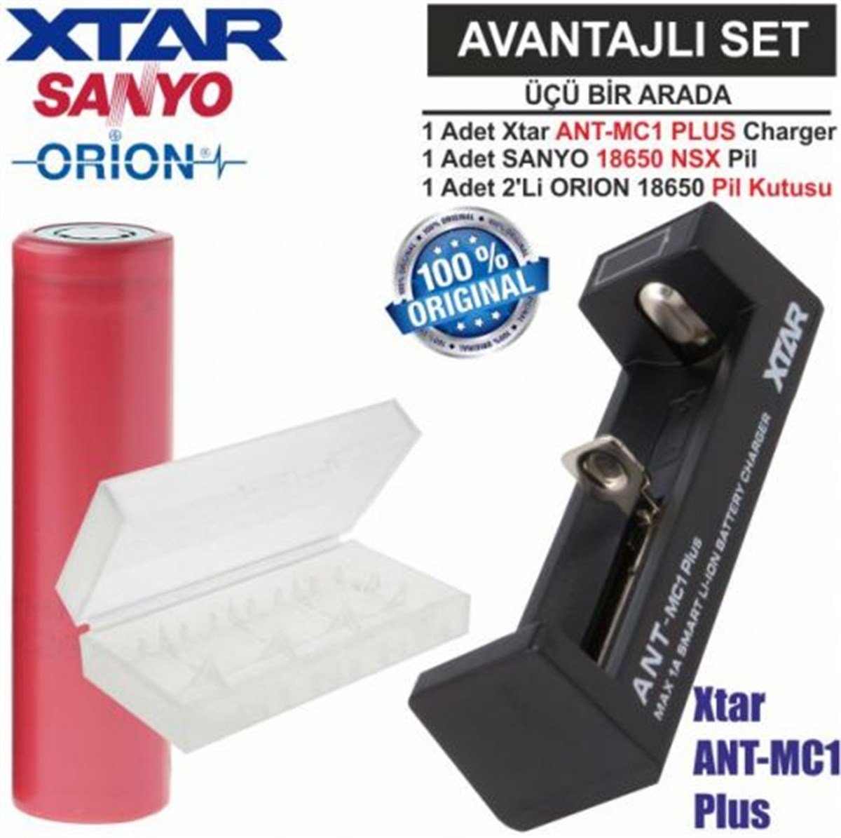 Xtar ANT-MC1 Plus Şarj Aleti, Sanyo UR18650BF Li-ion Pil, ORION 18650 Pil  taşıma kutusu / 3'Lü SET | PilSitesi.com
