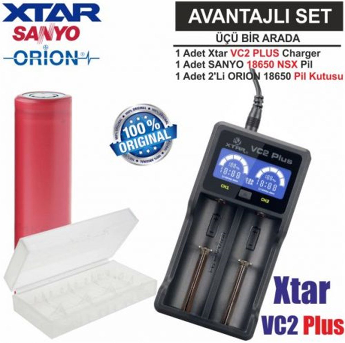 Xtar VC2 Plus Master Şarj Aleti, Sanyo UR18650BF Li-ion Pil, ORION 18650 Pil  taşıma kutusu / 3'Lü SET | PilSitesi.com