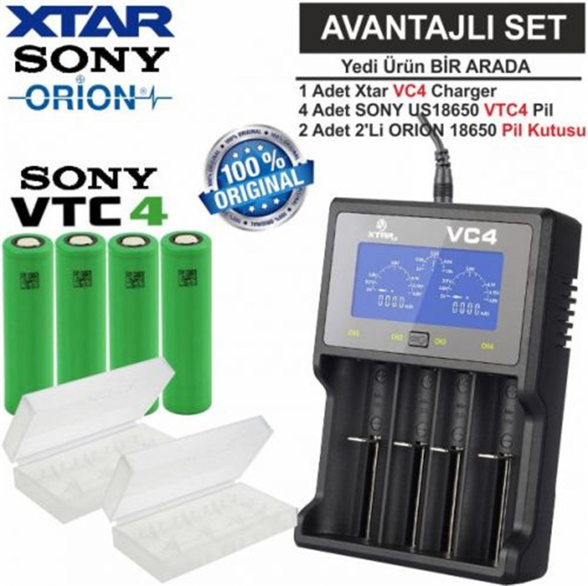 Xtar VC4 Şarj Aleti, Sony VTC4 Li-ion Pil, ORION 18650 Pil taşıma kutusu /  7'Li SET | PilSitesi.com