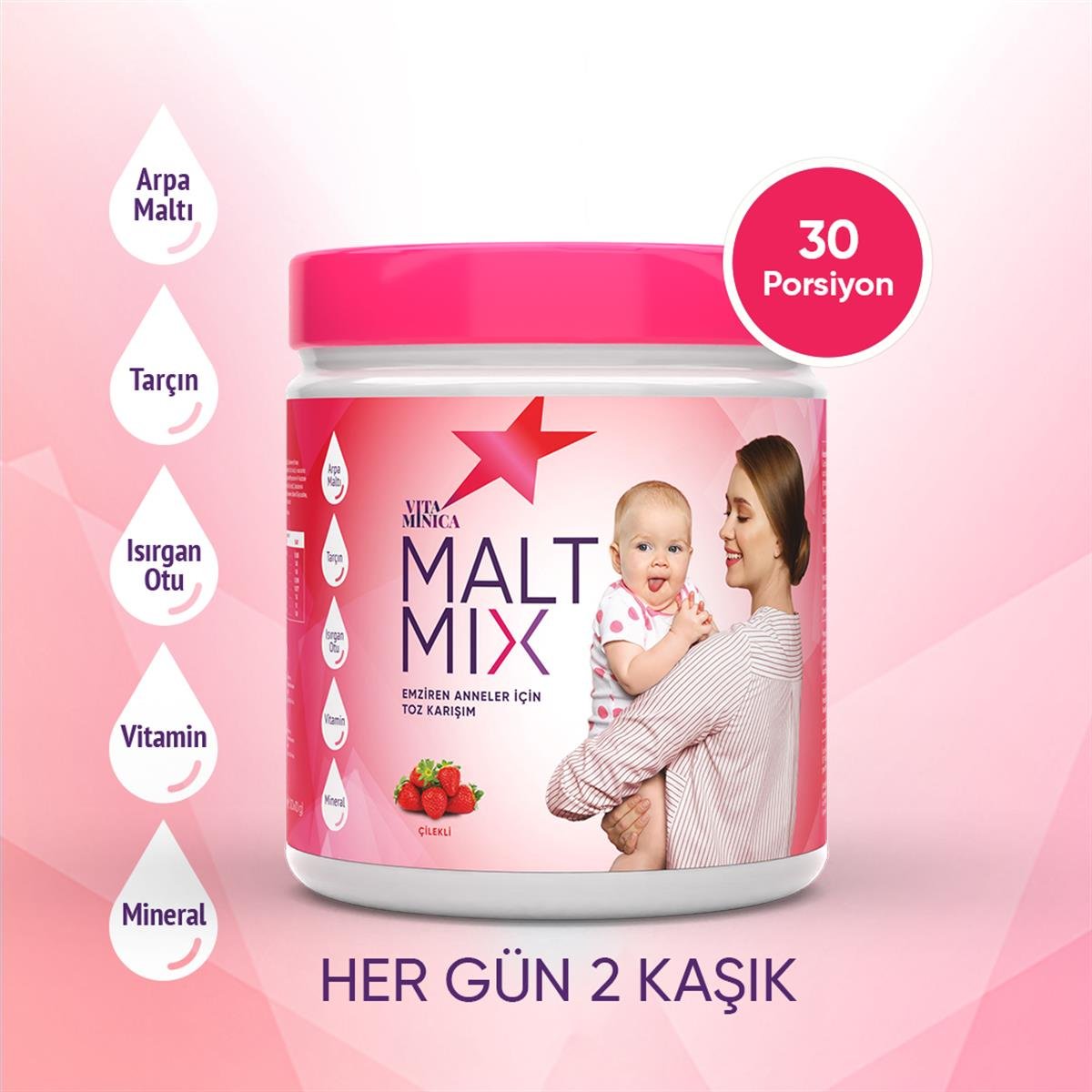 Vitaminica Malt Mix 300gr - 30 Porsiyon (Çilekli) - Emziren Anneler için  Toz Karışım