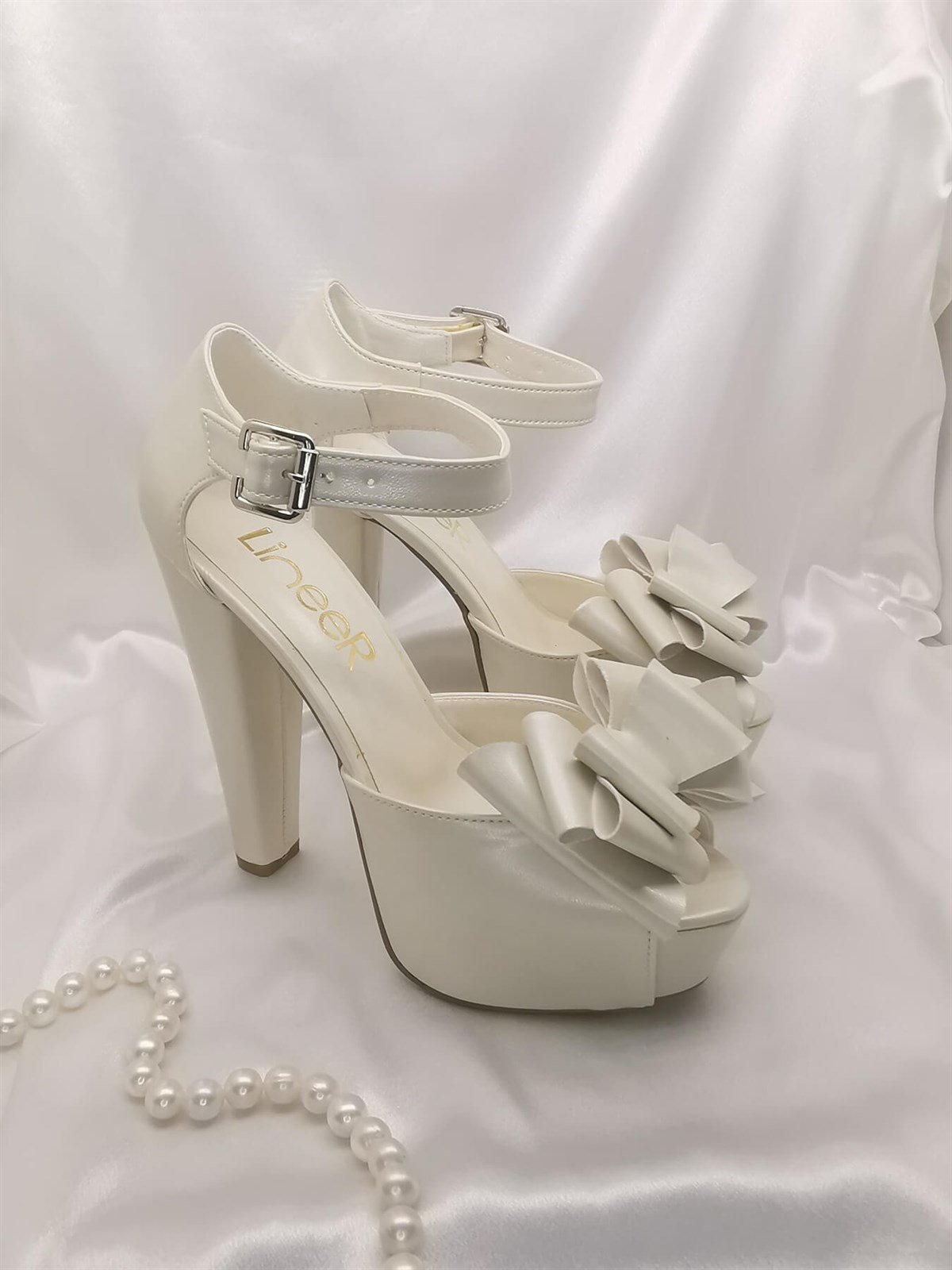 Kadın Sedef Beyaz Renk Fiyonklu 14 Cm Platform Topuklu Abiye Gelin  Ayakkabısı