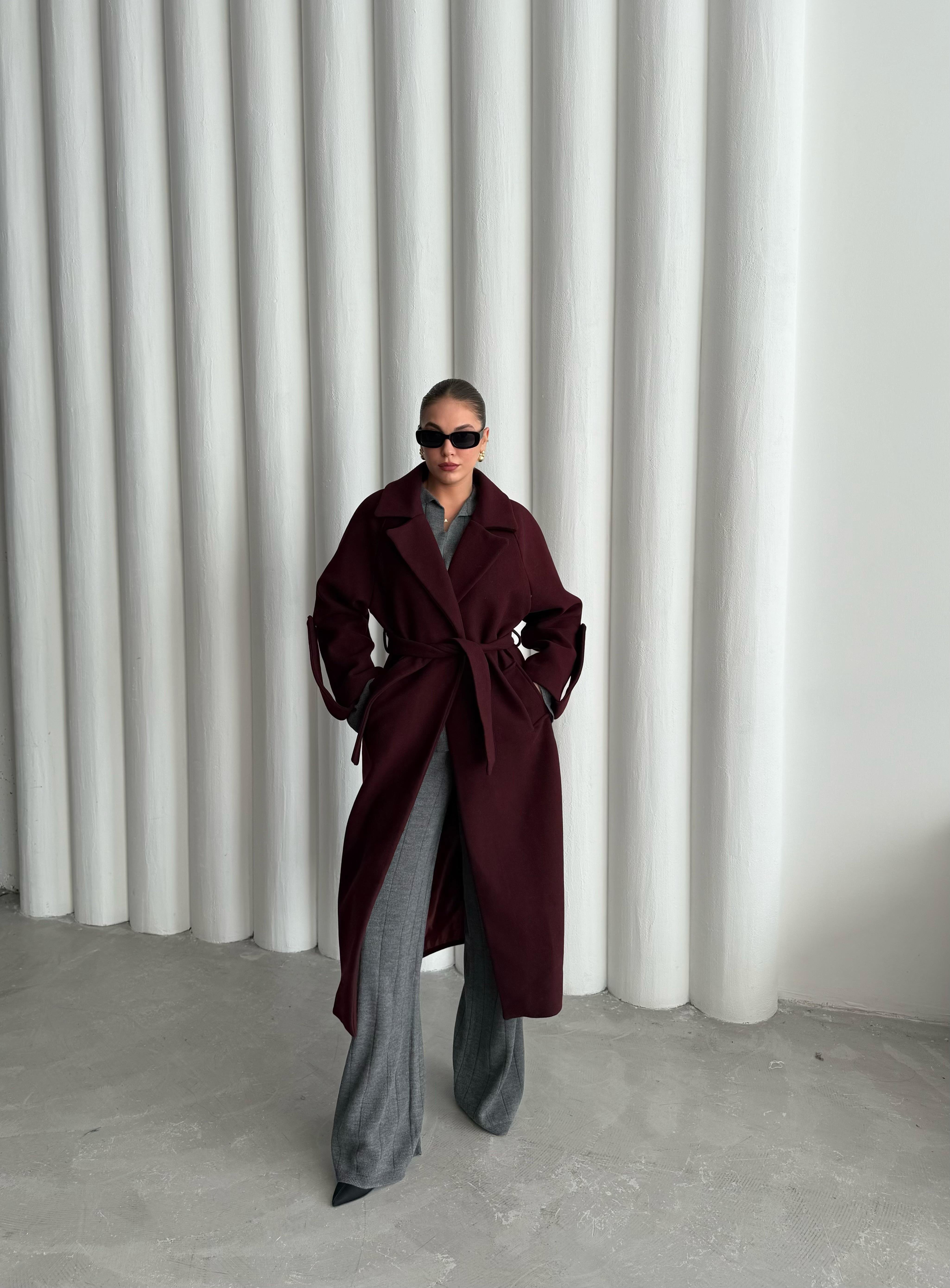 Burgundy Olaf Sleeve Waist Belted Yün Wool Coat-509030 Burgundy Olaf Sleeve Waist Belted Yün Wool Coat-509030