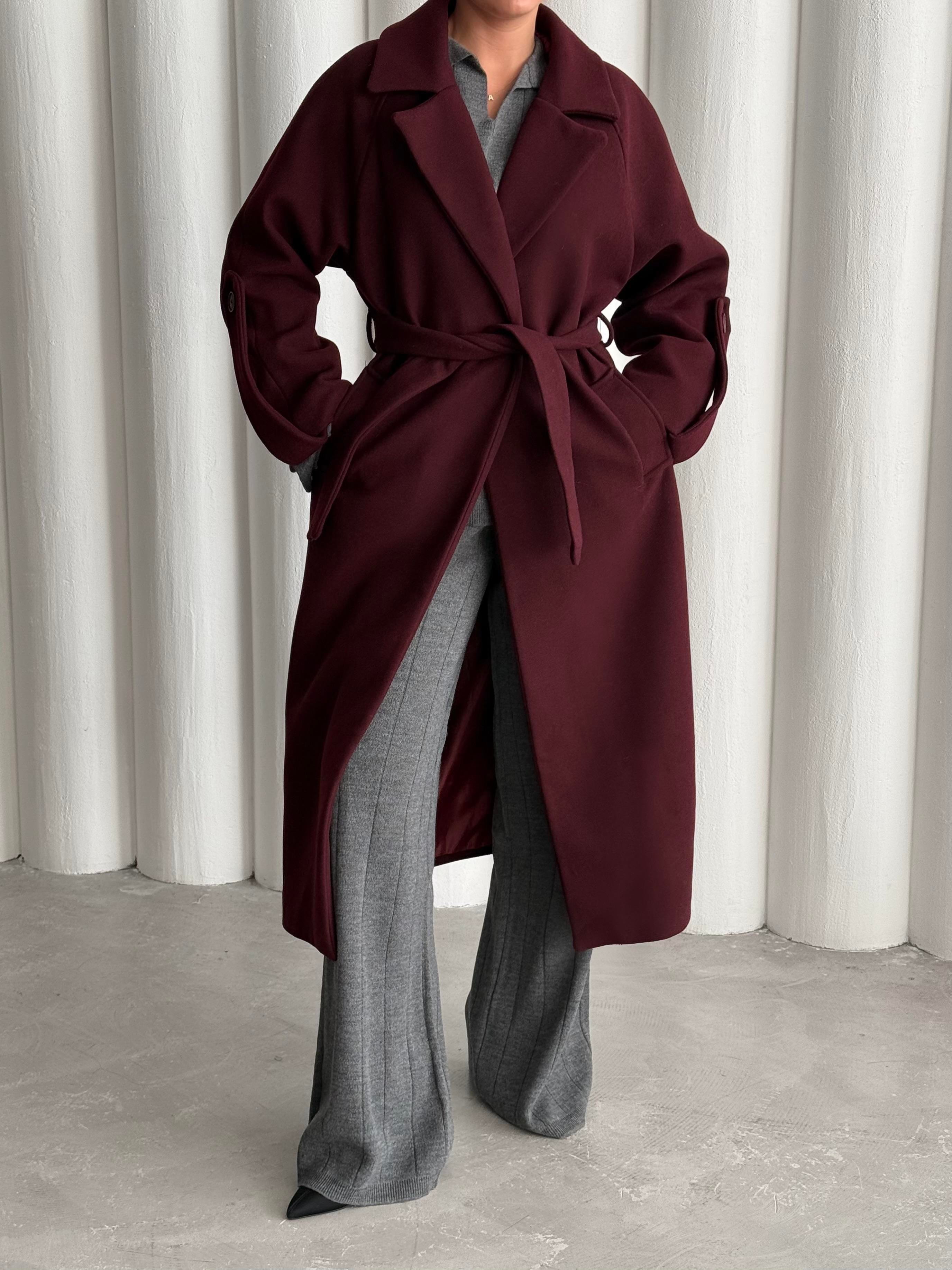 Burgundy Olaf Sleeve Waist Belted Yün Wool Coat-509030 Burgundy Olaf Sleeve Waist Belted Yün Wool Coat-509030