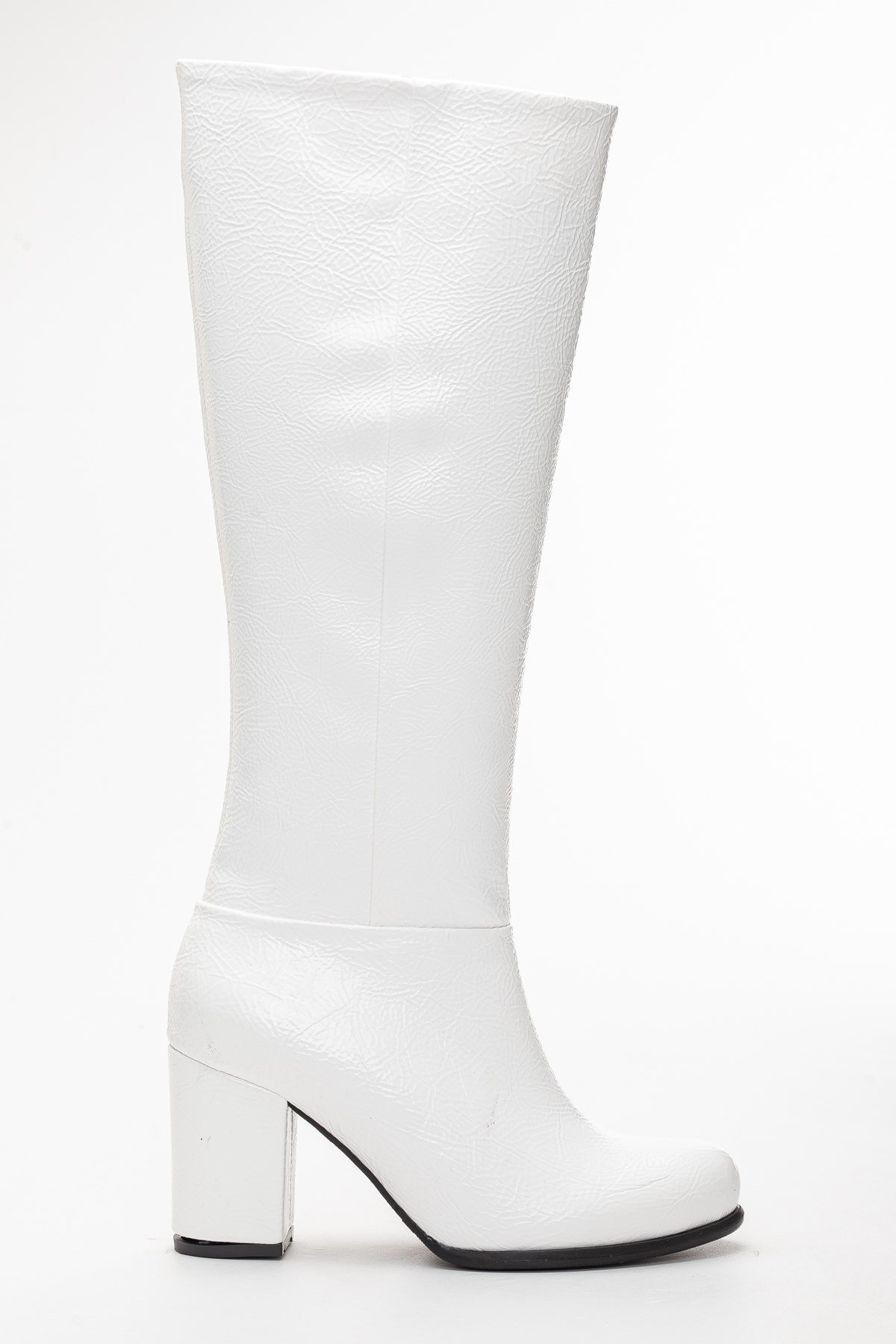 Kırışık Rugan Beyaz Kadın Topuklu Çizme | Dilimler Ayakkabı