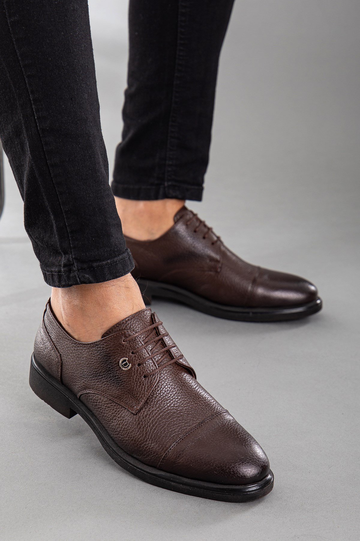 Hakiki Deri Baskılı Bağcıklı Kahverengi Erkek Klasik Ayakkabı
